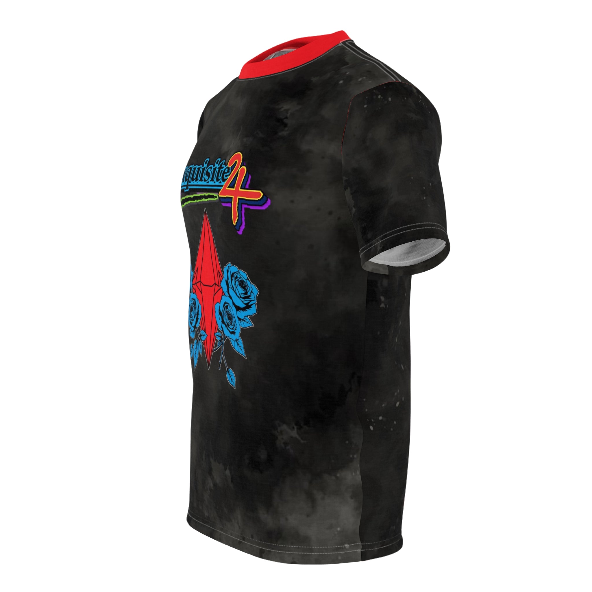 Exquisite 24 Retro Graphic Tee — Red Gem & Blue Roses All-Over Print