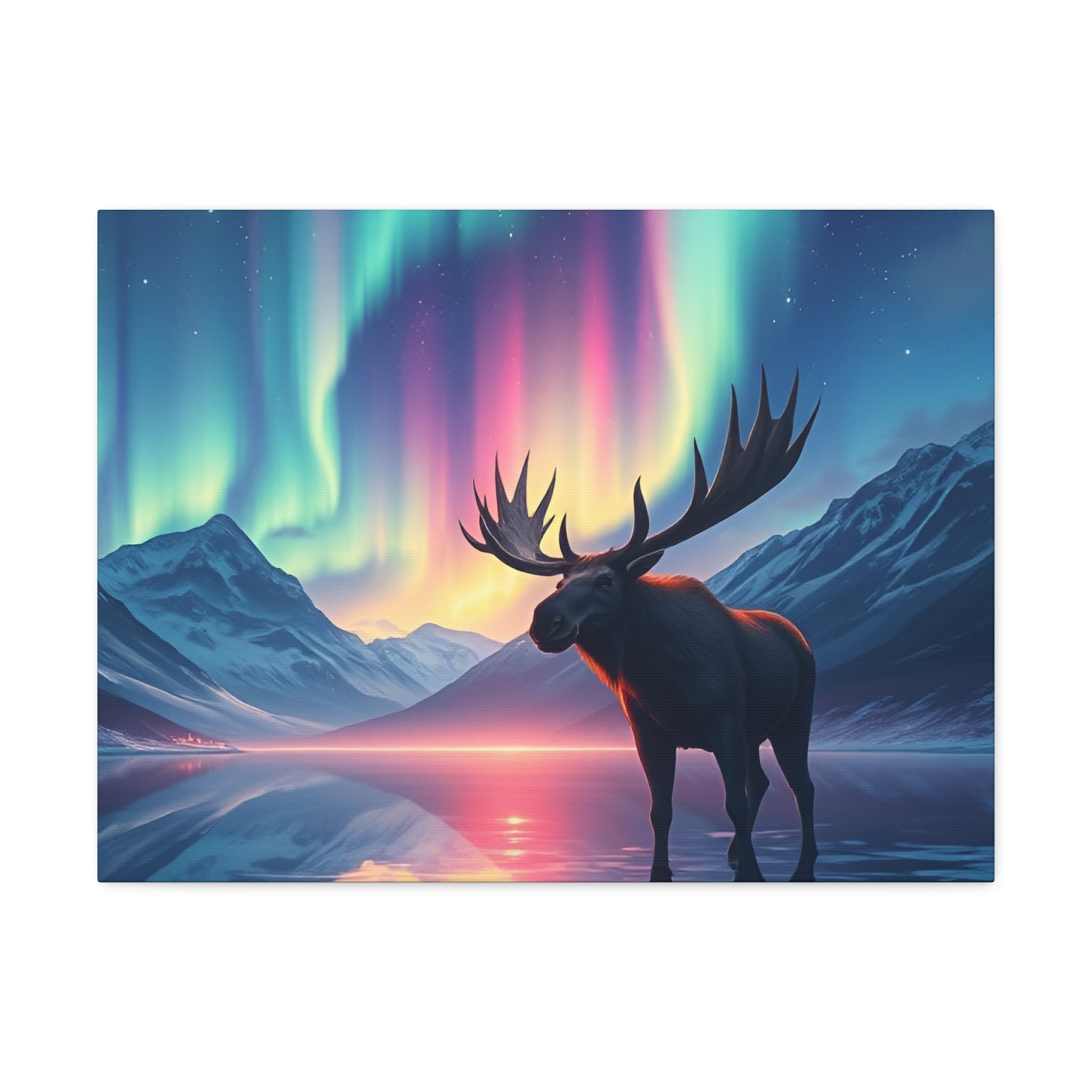 Aurora Moose Stretched Canvas – Northern Lights Landscape Wall Art