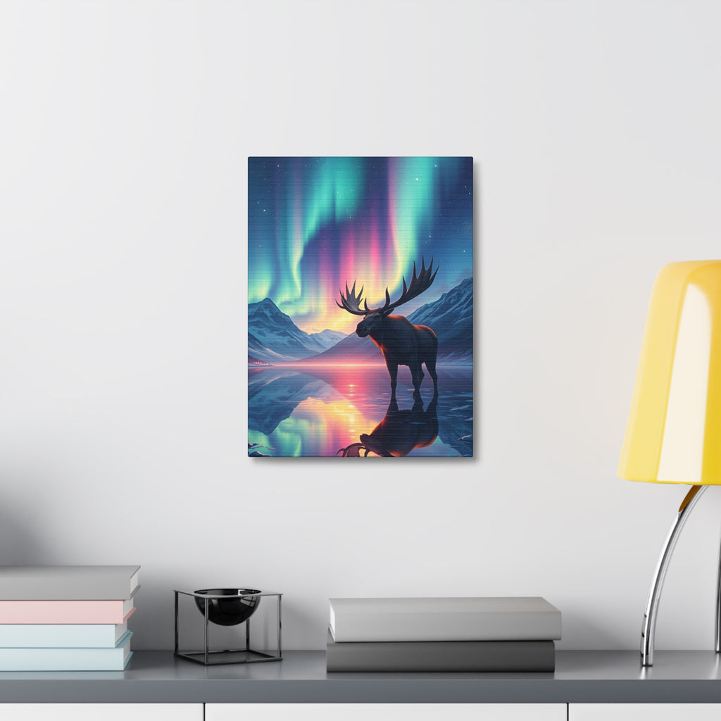 Aurora Moose Stretched Canvas – Northern Lights Landscape Wall Art