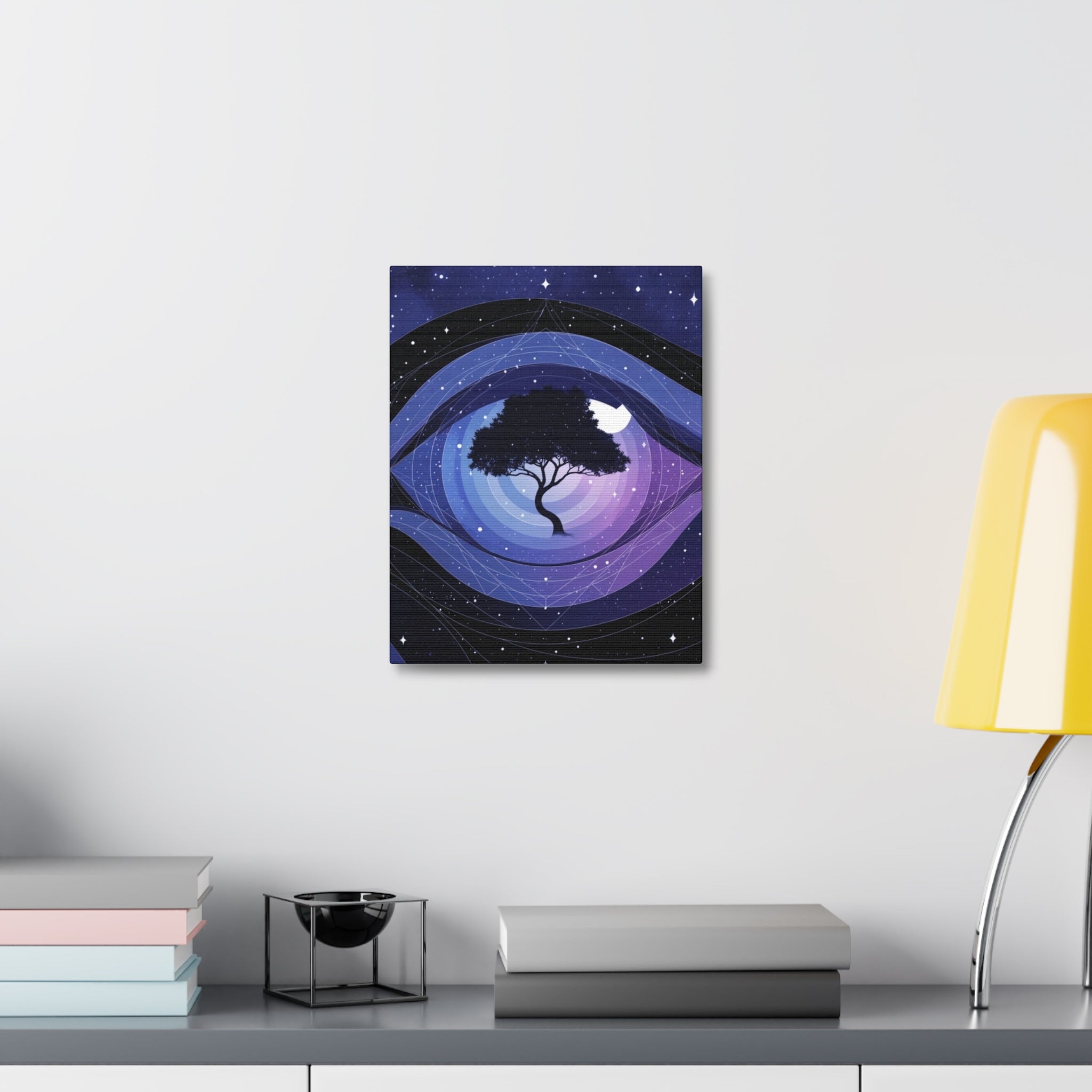 Night Tree Stretched Canvas Wall Art — Mystical Purple Galaxy Eye Design