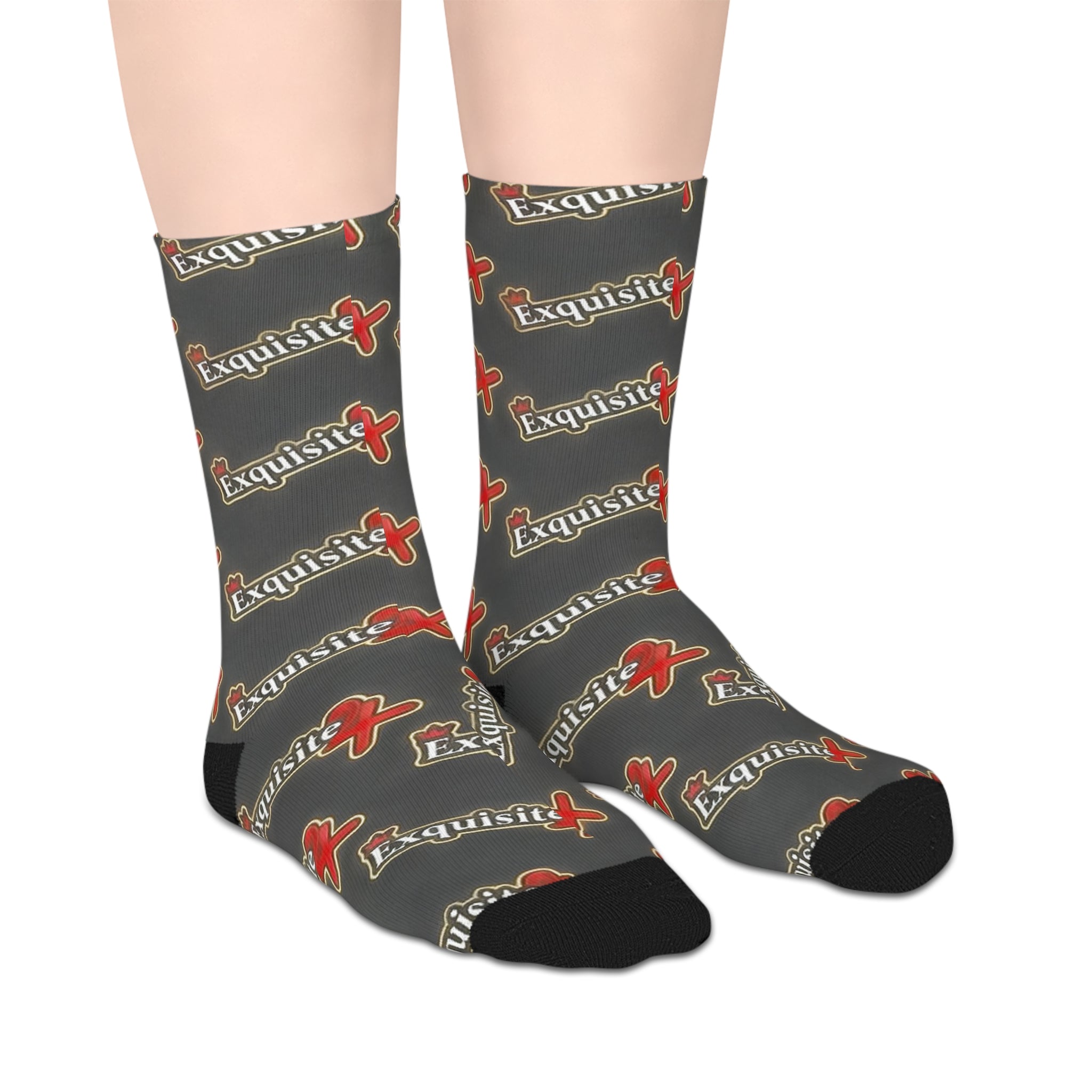 Exquisite 24 Logo Mid-Length Socks — Gray Patterned Crew Socks