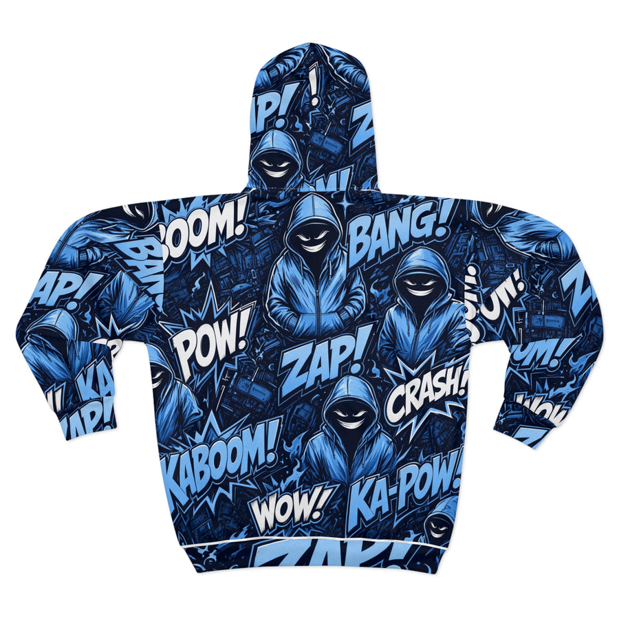 Blue Hoodie Graphic Comic-Style Zip Hoodie
