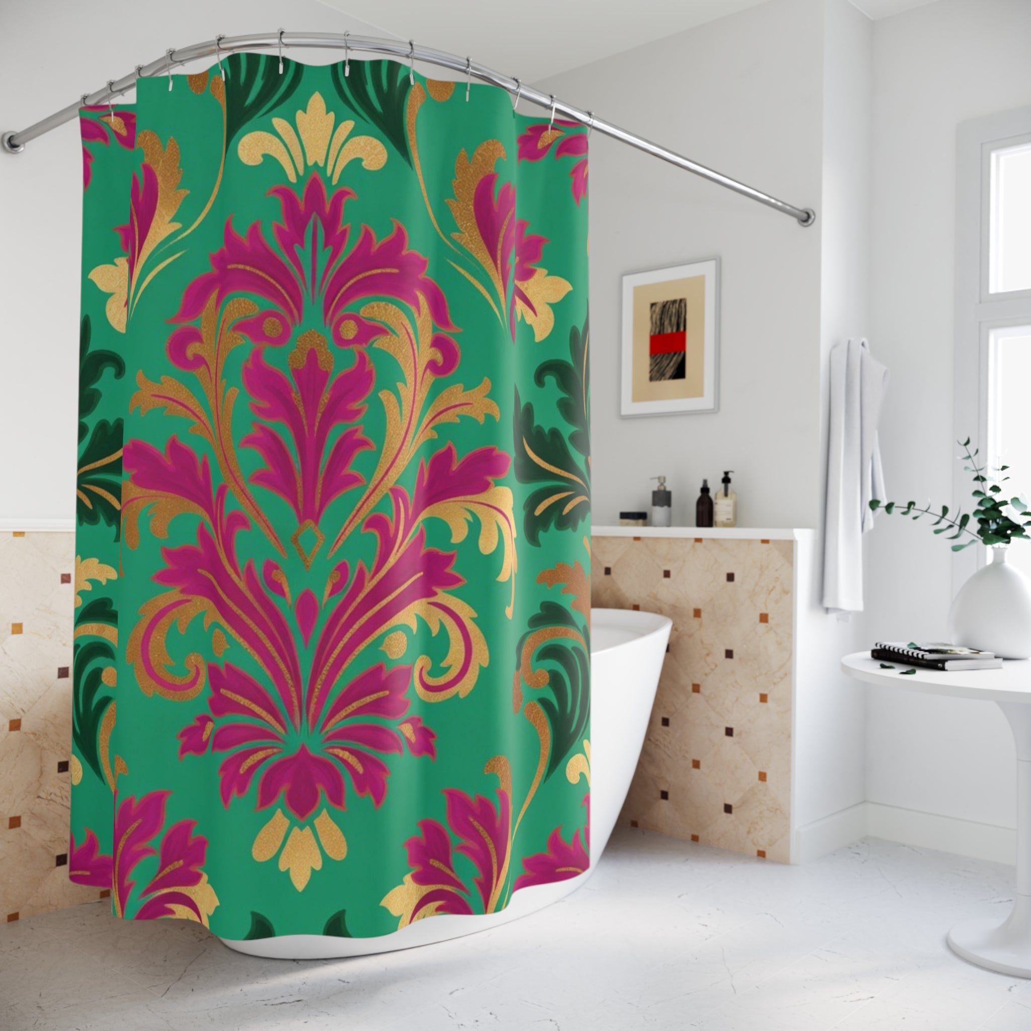 Damask Shower Curtain — Teal, Fuchsia & Gold Vintage Floral Bath Décor