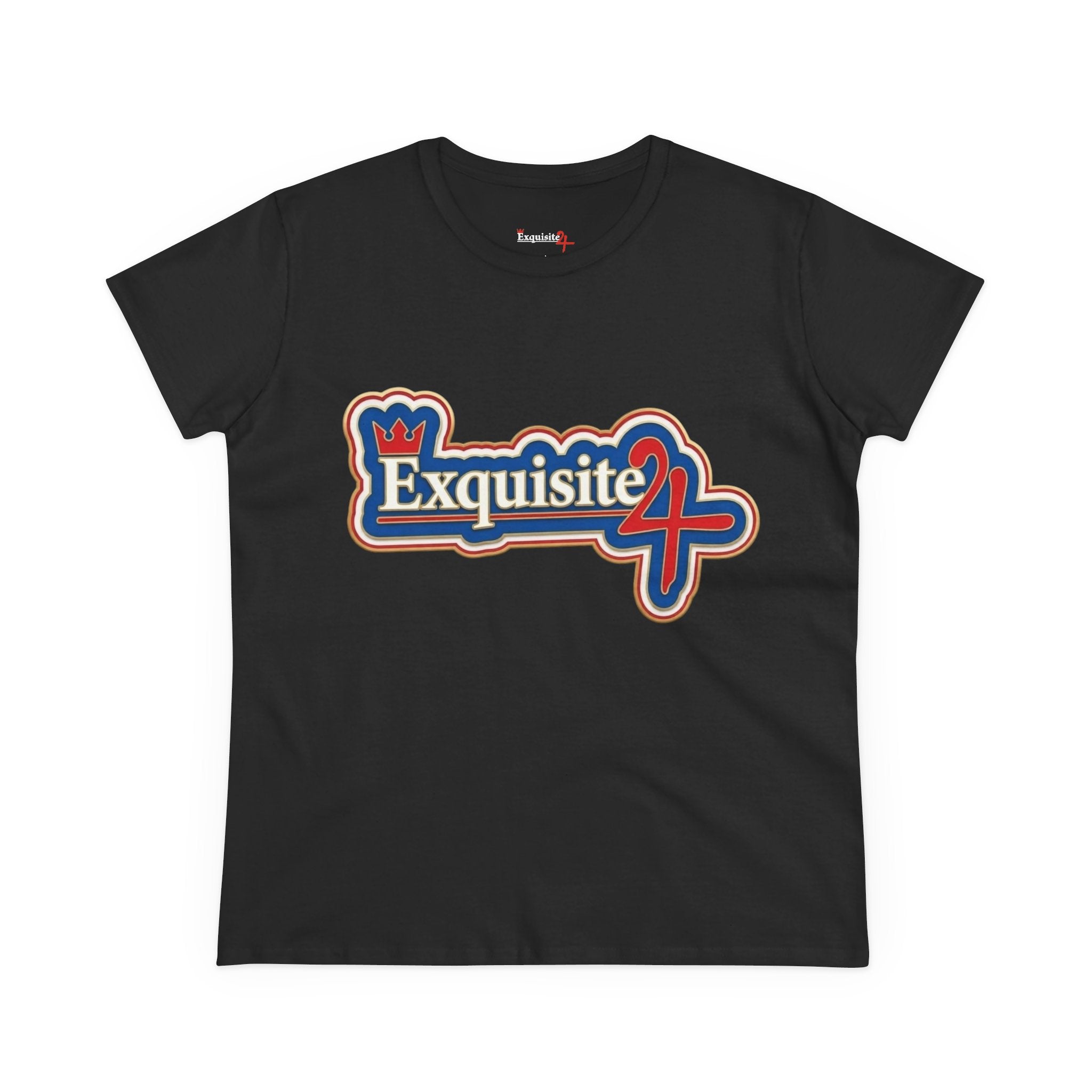 Exquisite 24 Sticker Logo Women's Graphic Tee – Blue with White and Red Rim