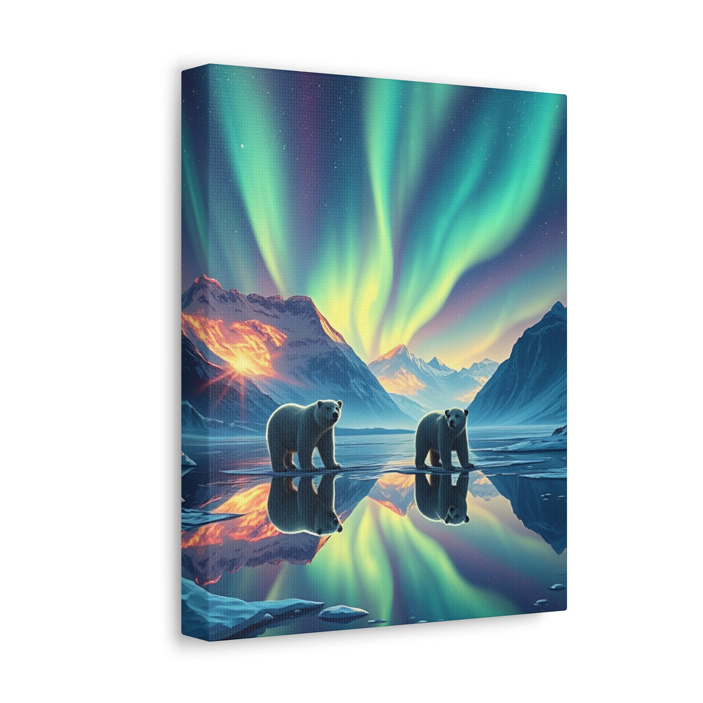 Aurora Polar Bears Stretched Canvas - Northern Lights Wildlife Wall Art