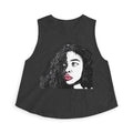 Artistic Curly Hair Woman Crop Top — Graphic Portrait Tank with Pink Lips