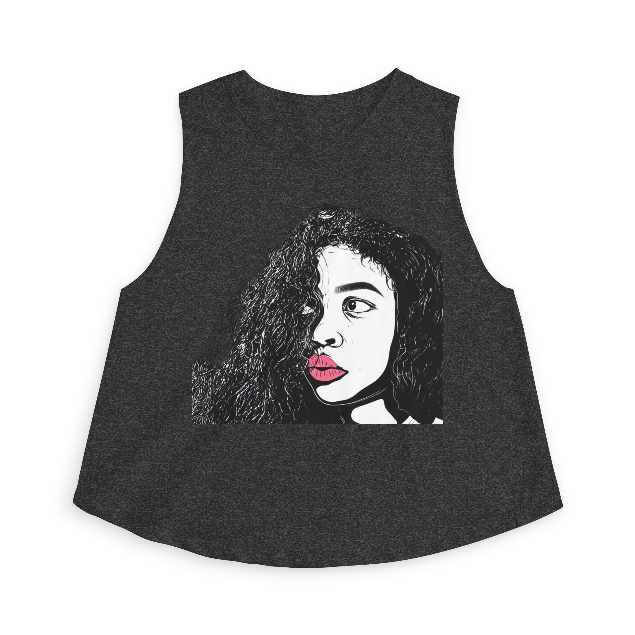 Artistic Curly Hair Woman Crop Top — Graphic Portrait Tank with Pink Lips