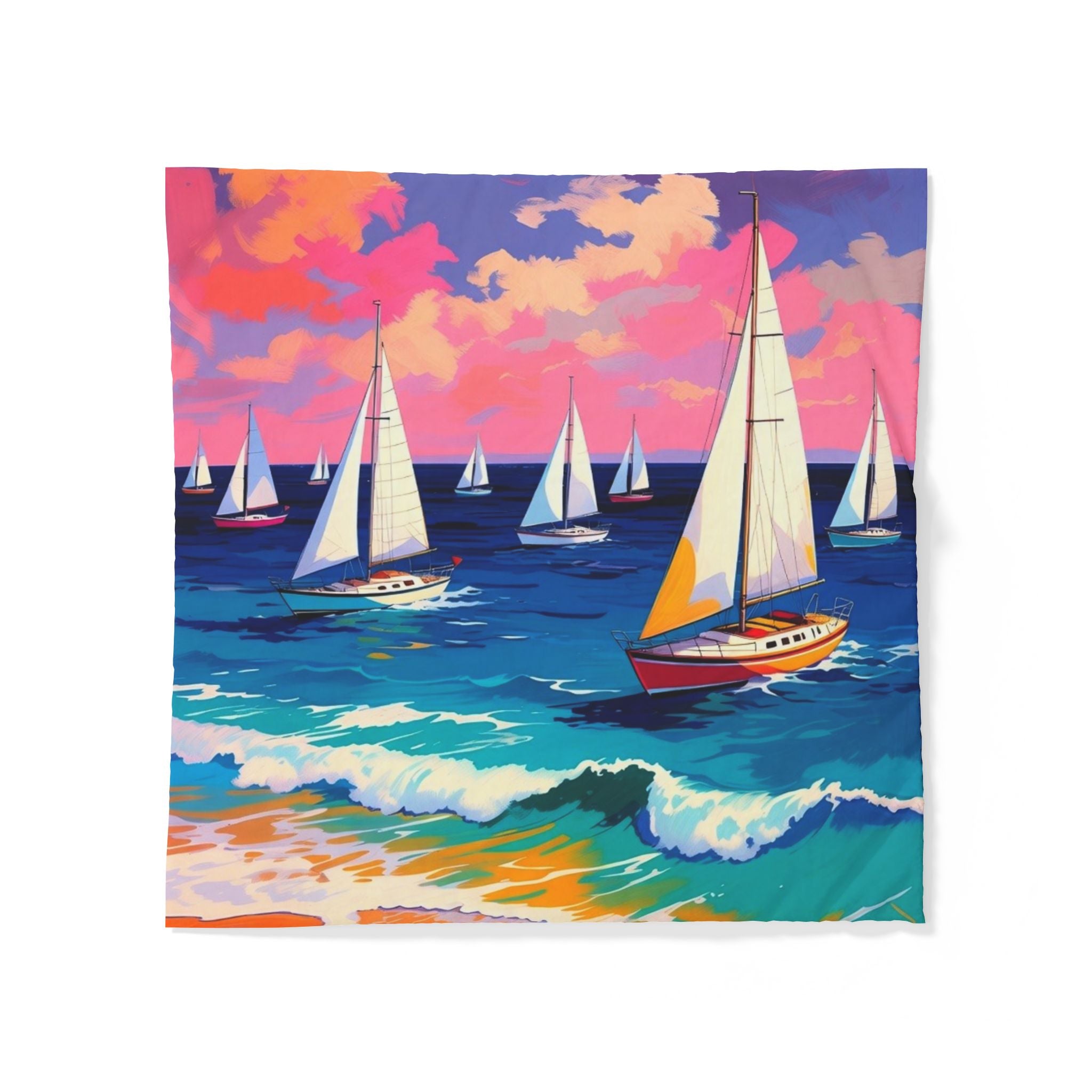 Sailboat Seascape Cotton Duvet Cover — Colorful Ocean Waves Beach Bedding