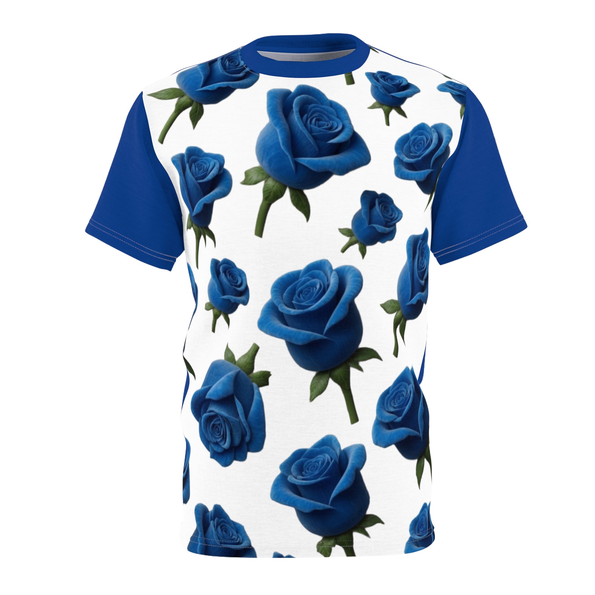Blue Rose All-Over Print Tee — Floral Pattern White T‑Shirt