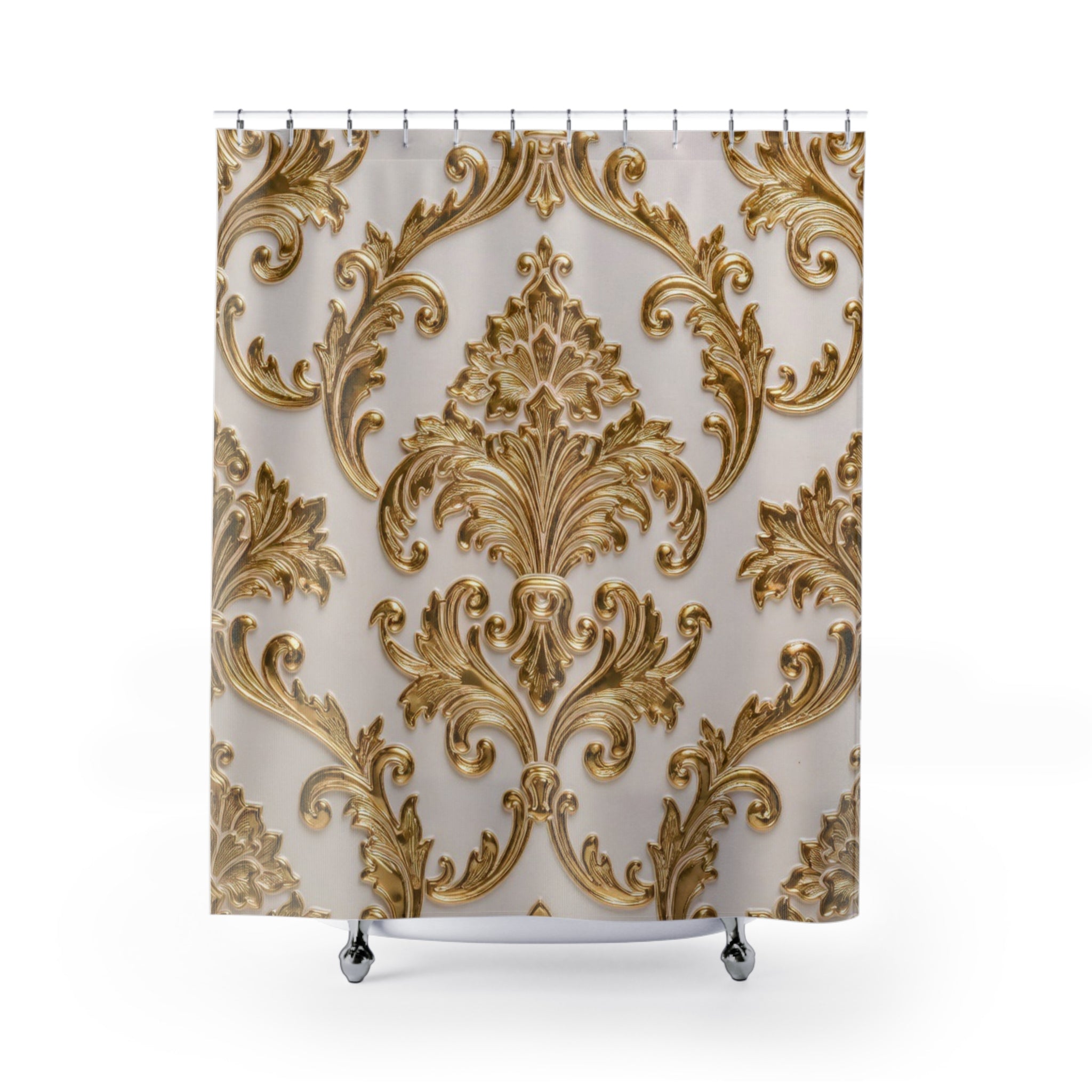 Ornate Gold Damask Shower Curtain – Vintage Baroque Bathroom Decor