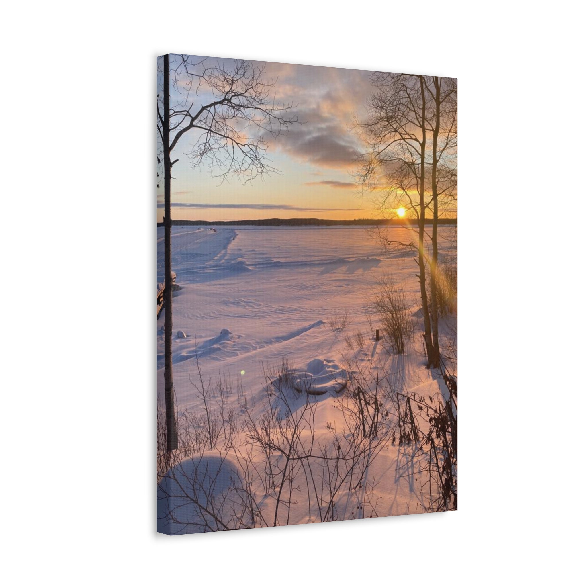 Sunset over Frozen Lake Stretched Canvas Wall Art