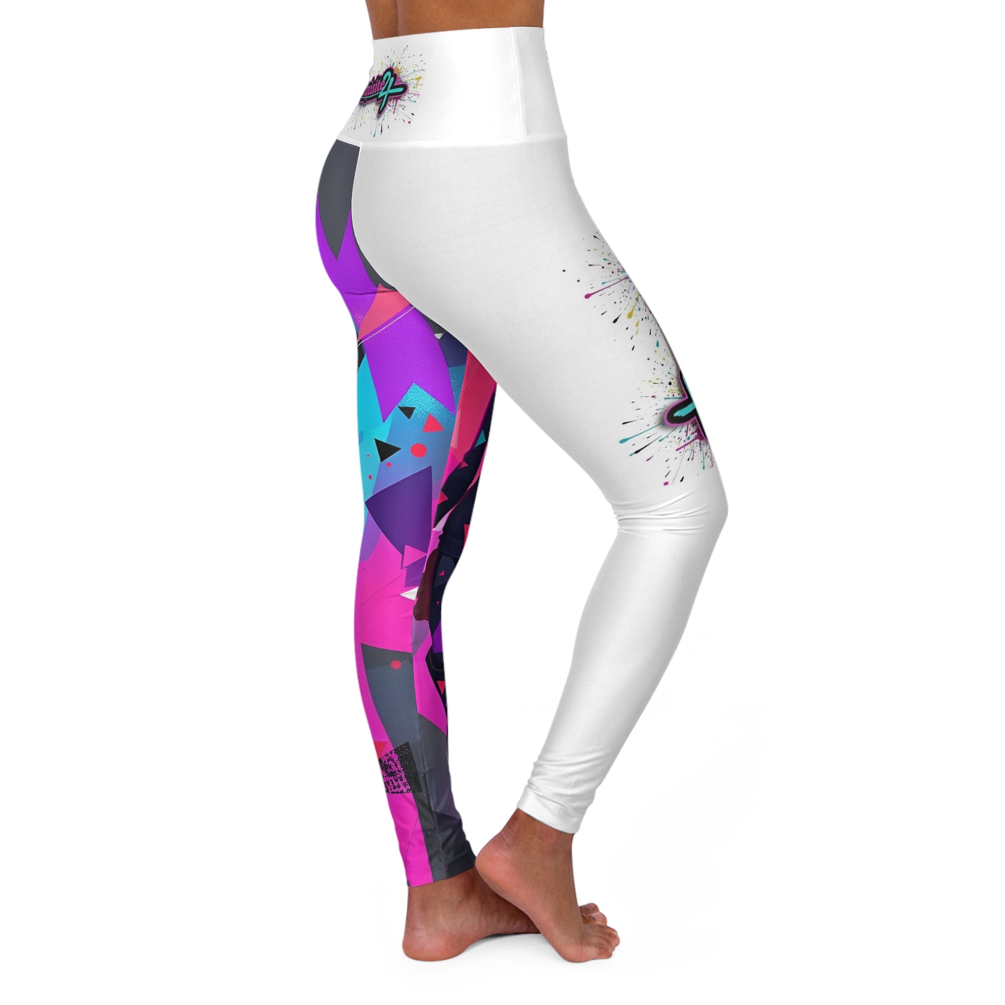 High-Waisted Yoga Leggings — Neon Geometric Dance Girl AOP