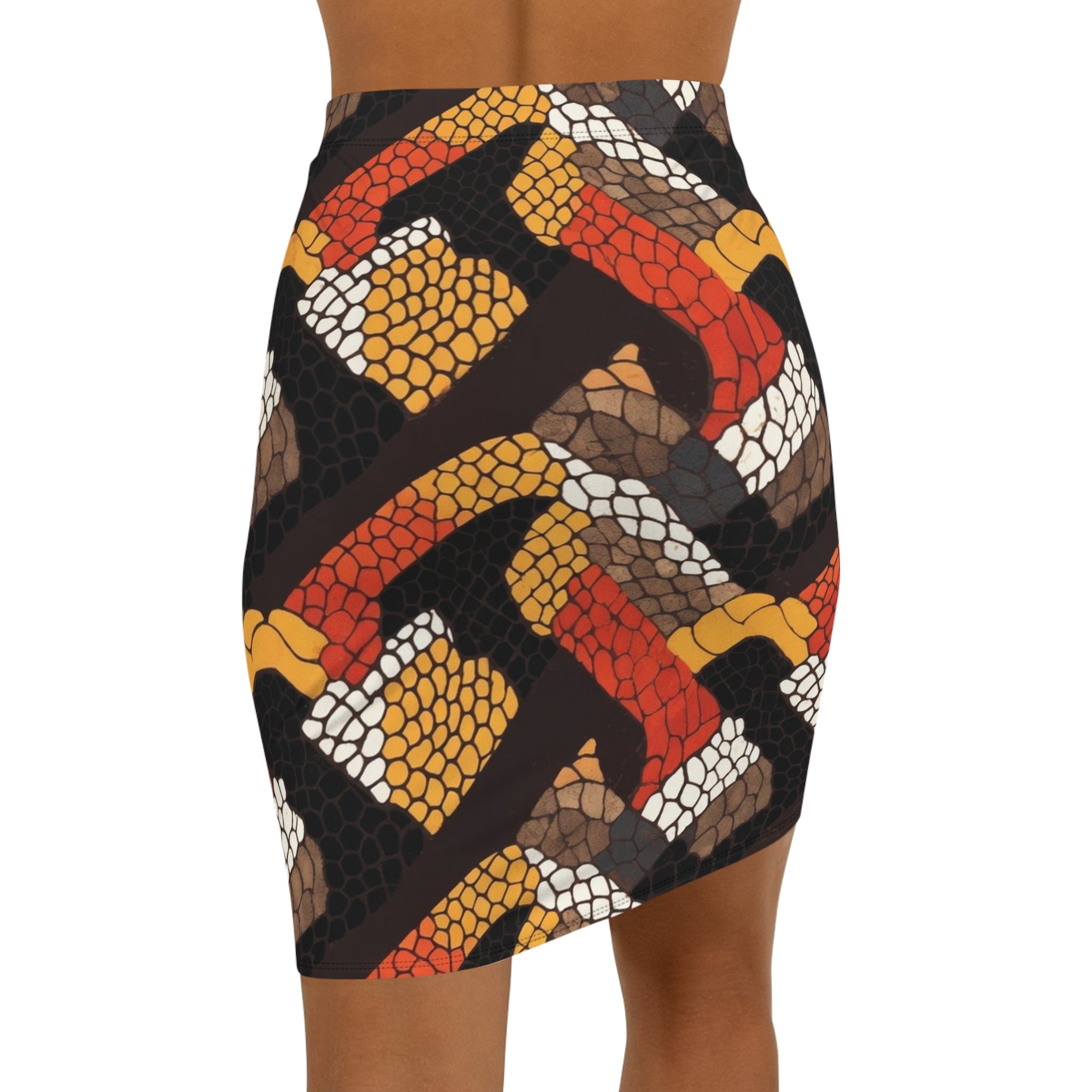 Autumn Snake-Scale Pencil Skirt — Bold Geometric Fall Print