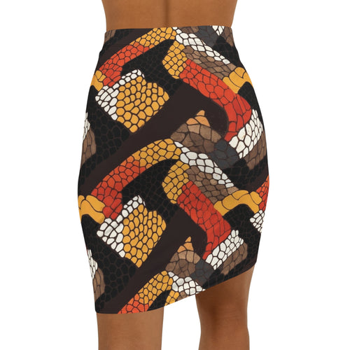Autumn Snake-Scale Pencil Skirt — Bold Geometric Fall Print