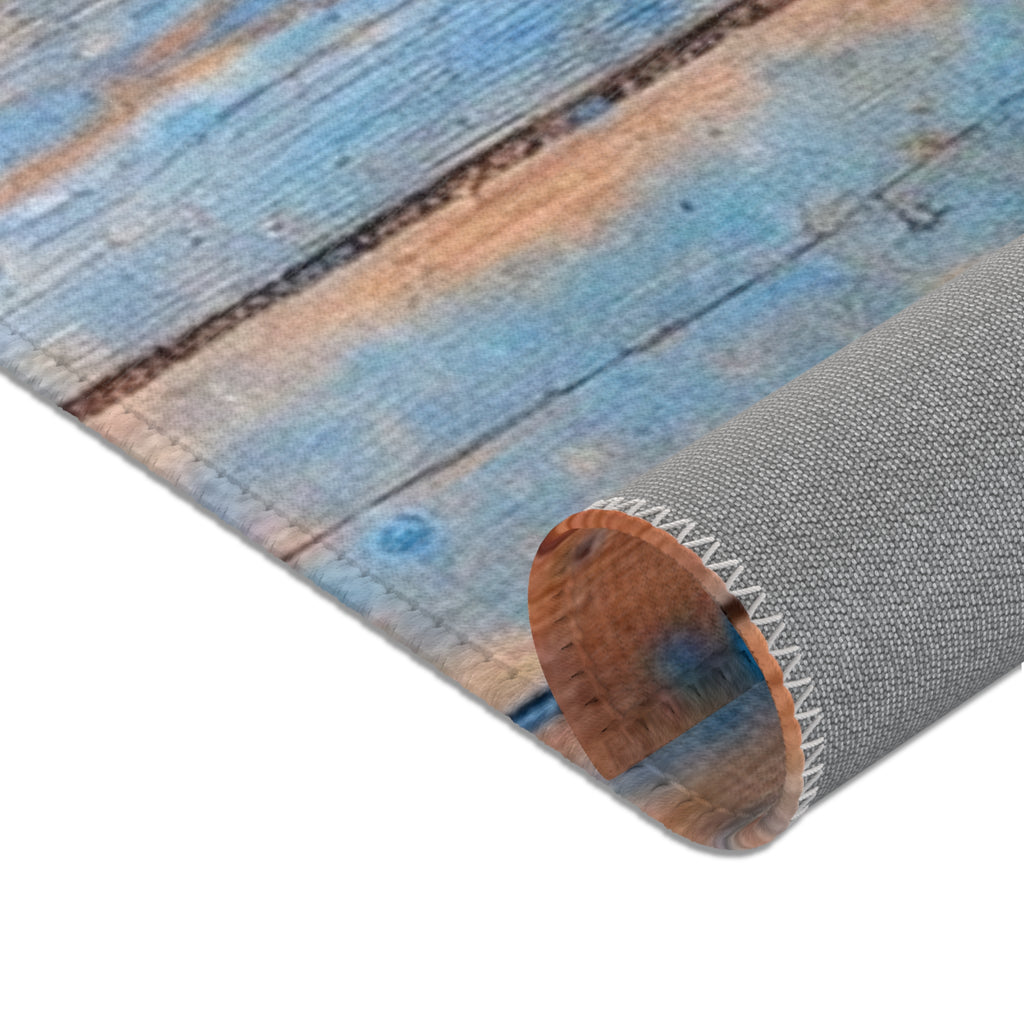Rustic Blue Patina Wood Area Rug — Distressed Coastal Floor Decor