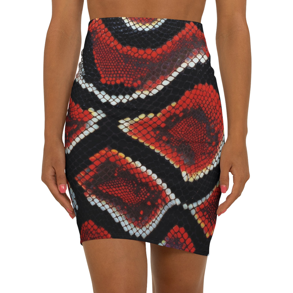 Red Snake Print Pencil Skirt — Women's Mid-Waist Animal Print