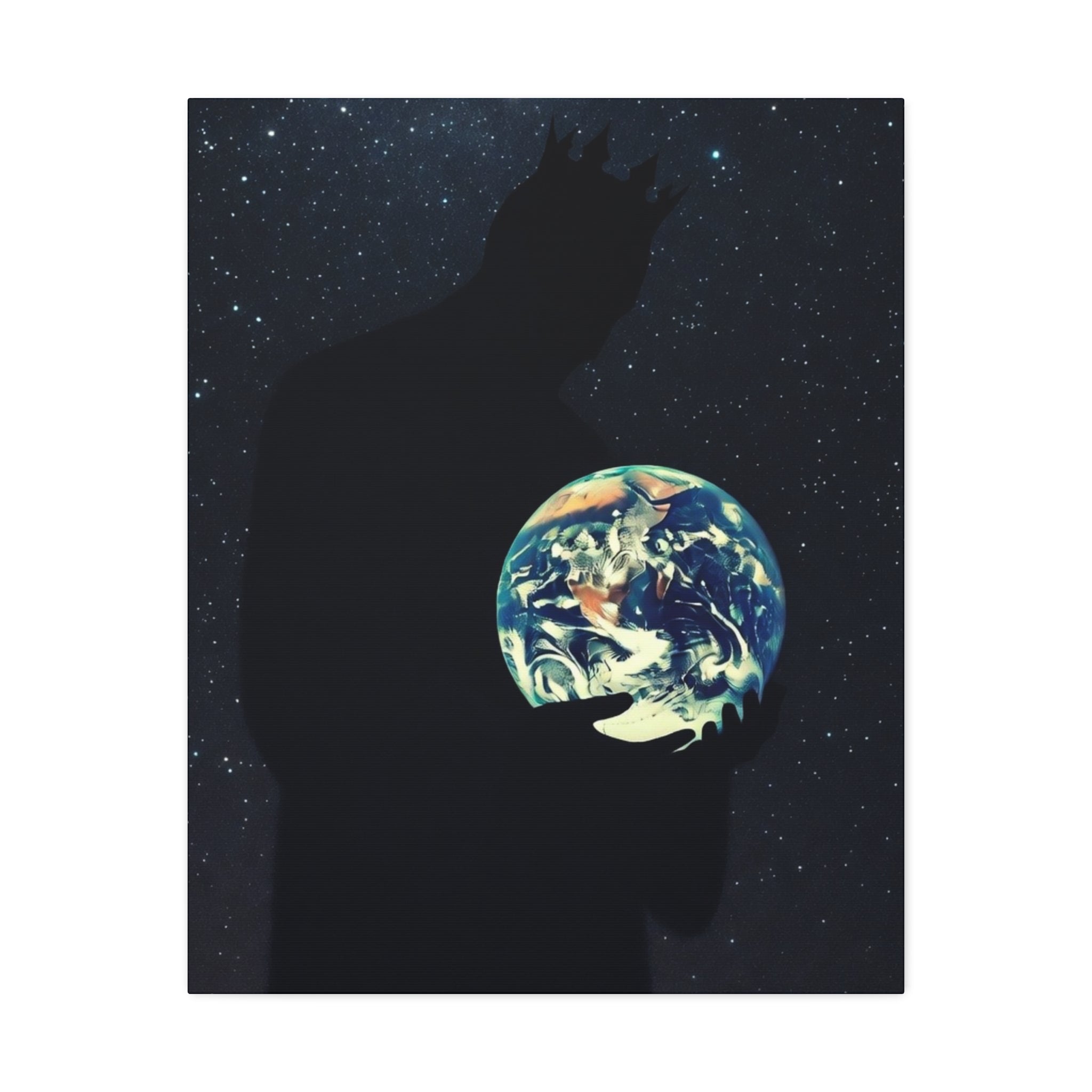 Earth Embrace Stretched Canvas — Cosmic Silhouette Wall Art