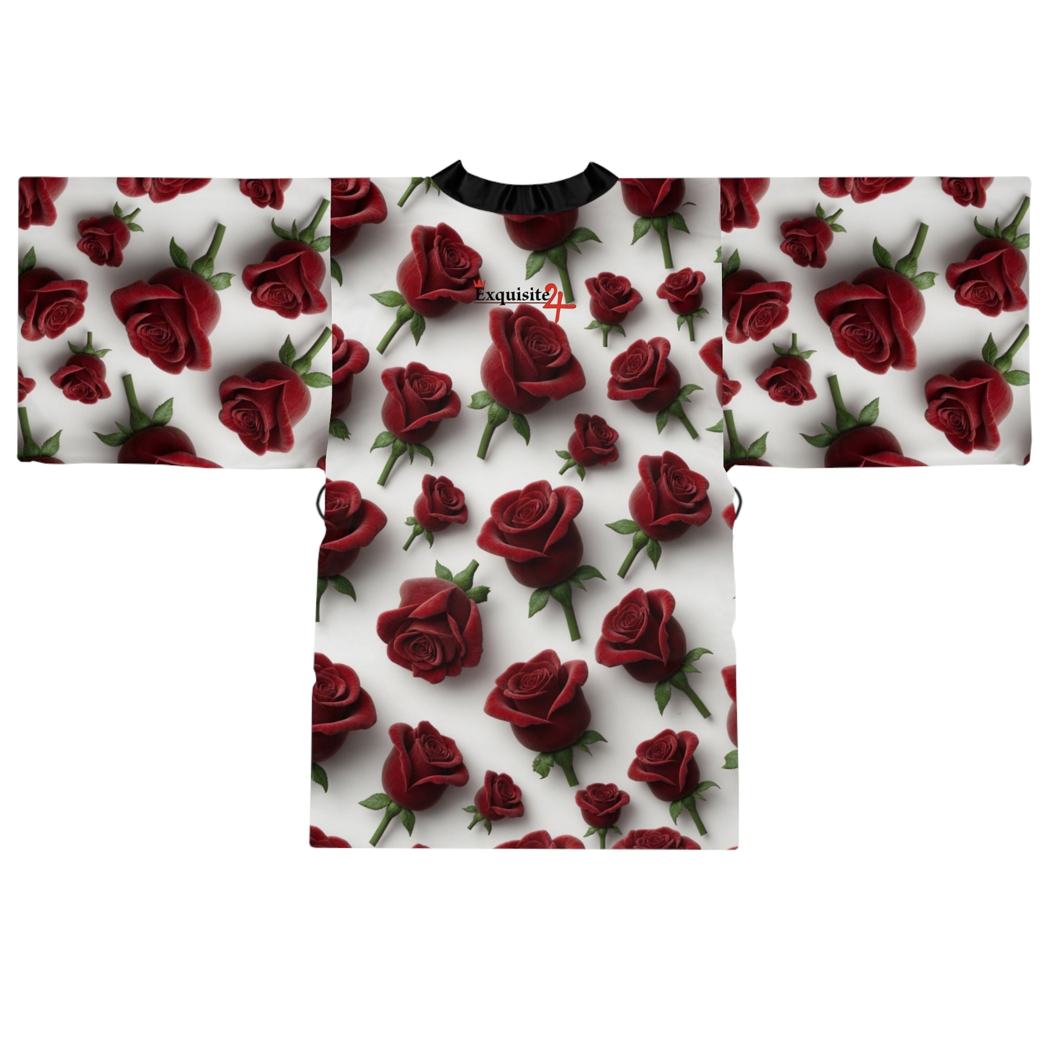 Rose Pattern Kimono Robe — Red Roses All-Over Print Long Sleeve