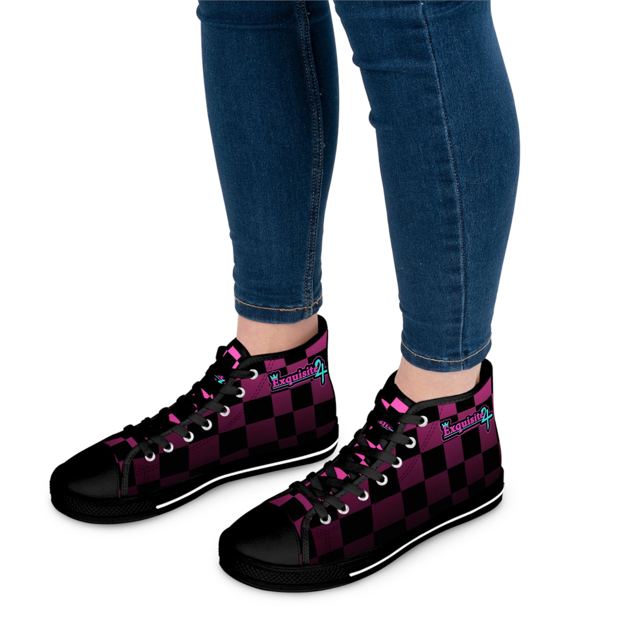 Women's Pink & Black Checkerboard High Top Sneakers