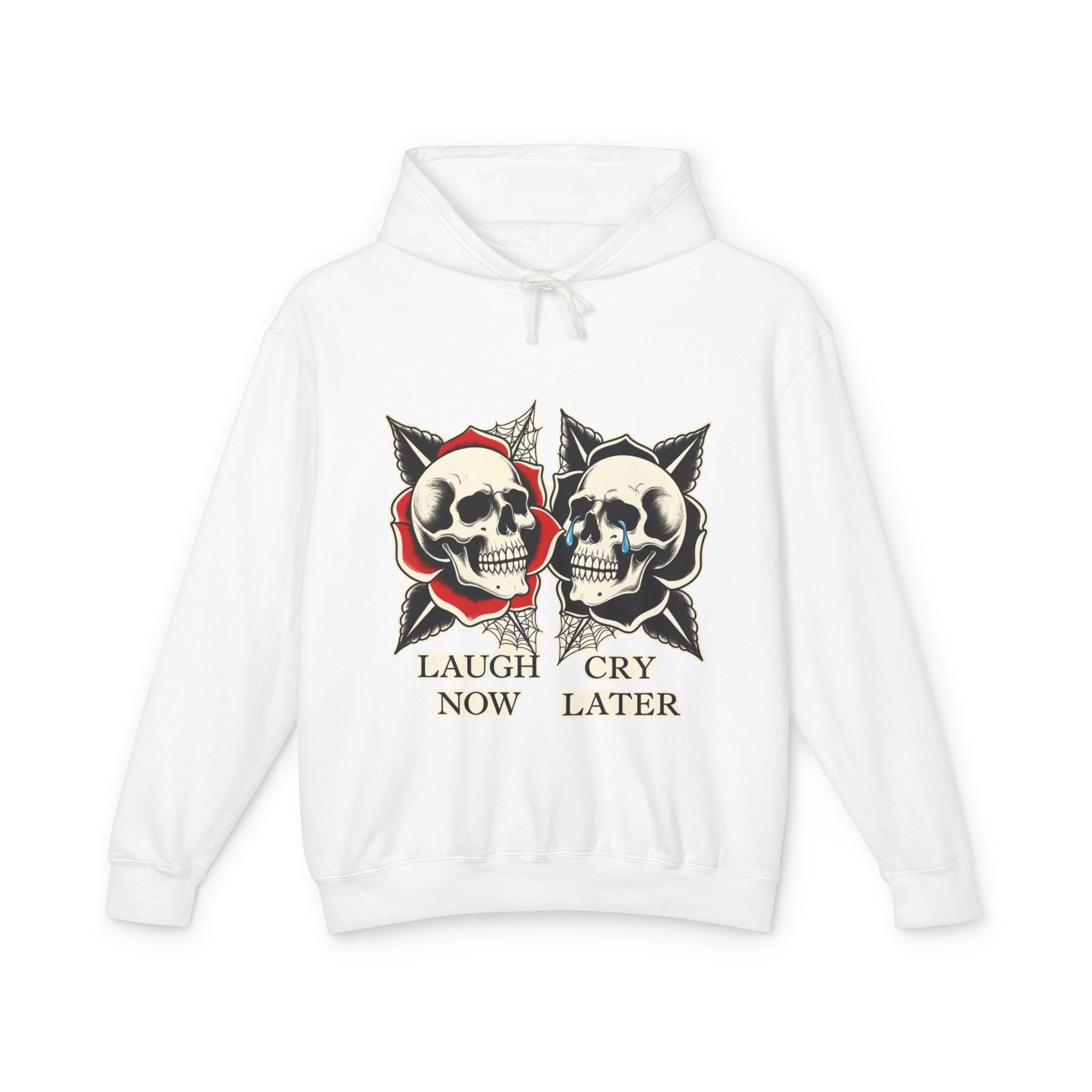 Laugh Now Cry Later Skull Hoodie — Vintage Expressive Skull Hooded Sweatshirt