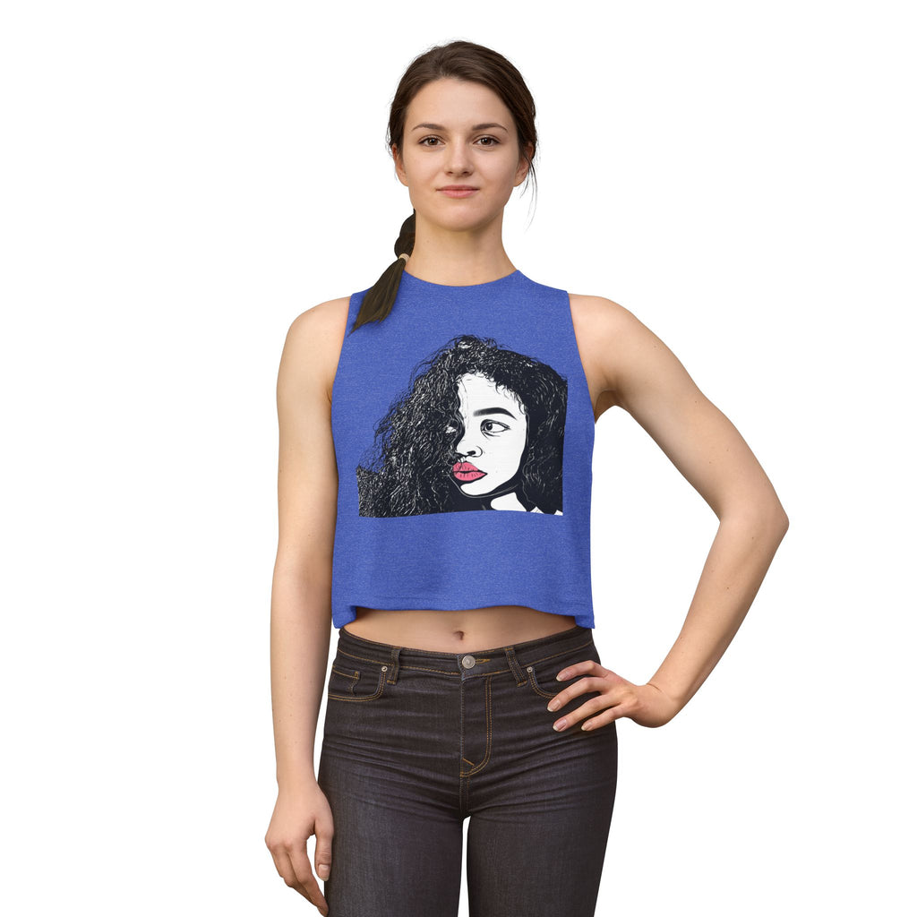 Artistic Curly Hair Woman Crop Top — Graphic Portrait Tank with Pink Lips