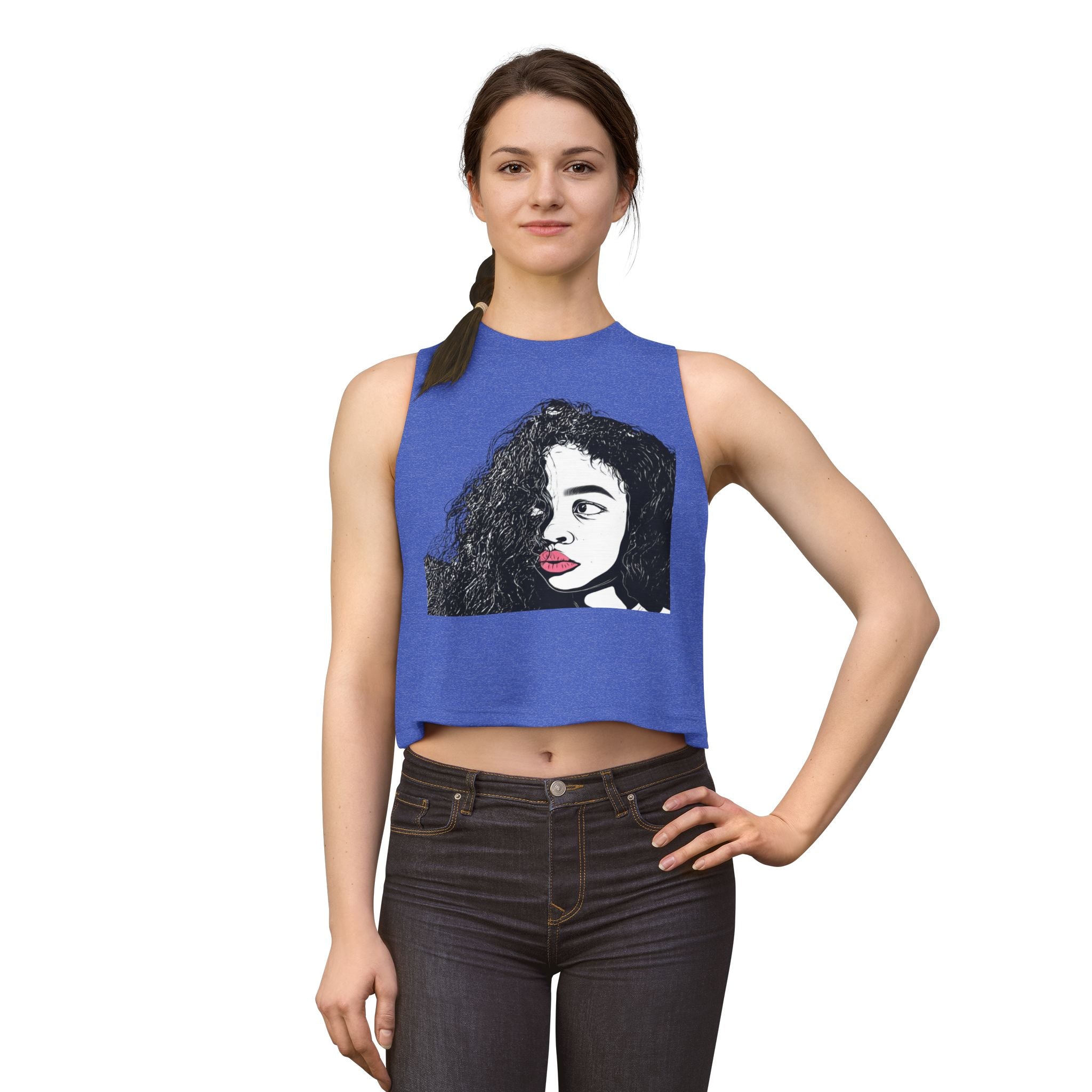 Artistic Curly Hair Woman Crop Top — Graphic Portrait Tank with Pink Lips