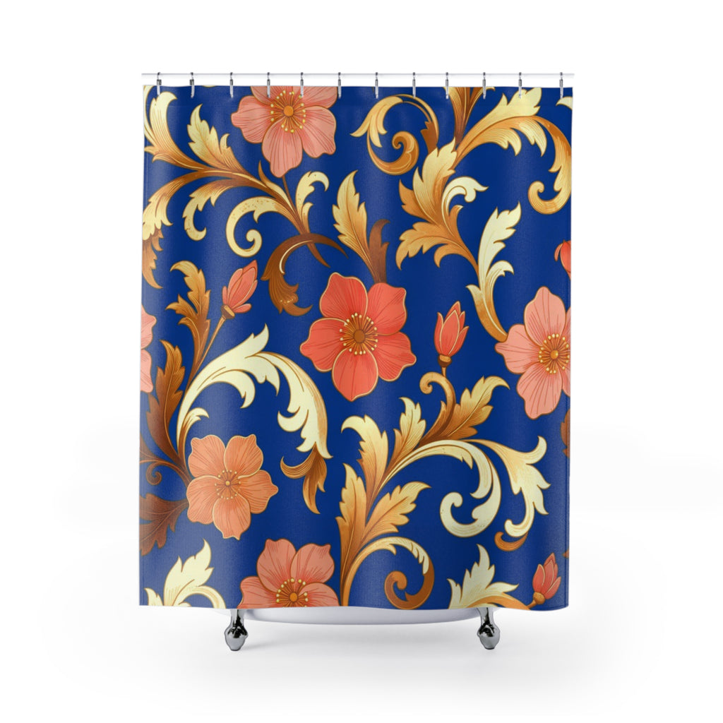 Elegant Blue Floral Shower Curtain — Gold Scroll & Peach Blooms