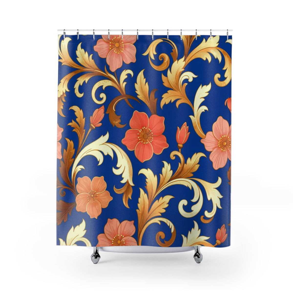 Elegant Blue Floral Shower Curtain — Gold Scroll & Peach Blooms