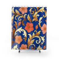 Elegant Blue Floral Shower Curtain — Gold Scroll & Peach Blooms