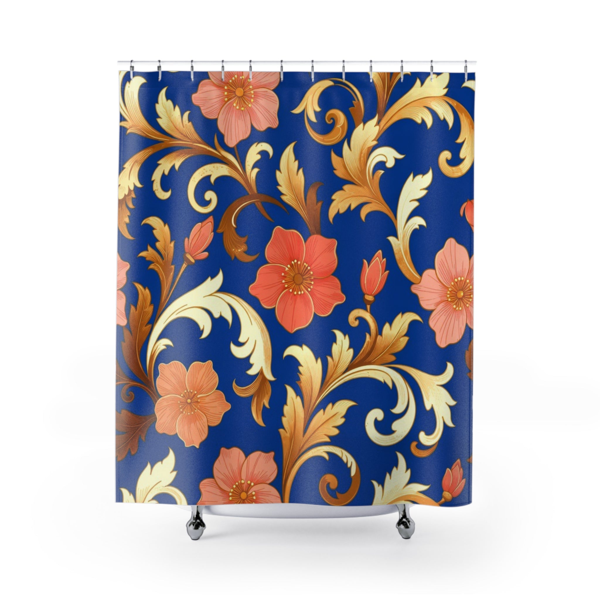 Elegant Blue Floral Shower Curtain — Gold Scroll & Peach Blooms