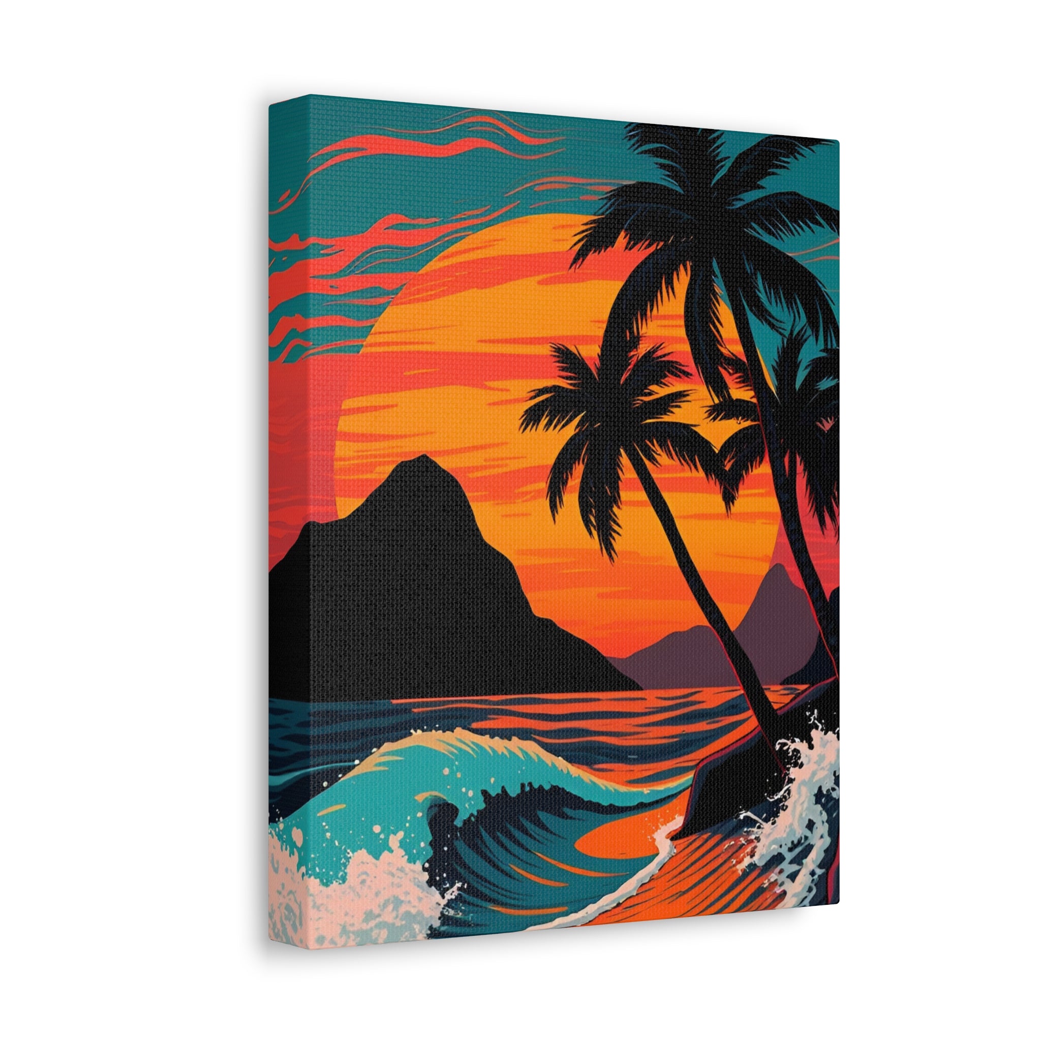 Tropical Sunset Canvas Wall Art — Palm Trees and Ocean Waves Stretched Canvas