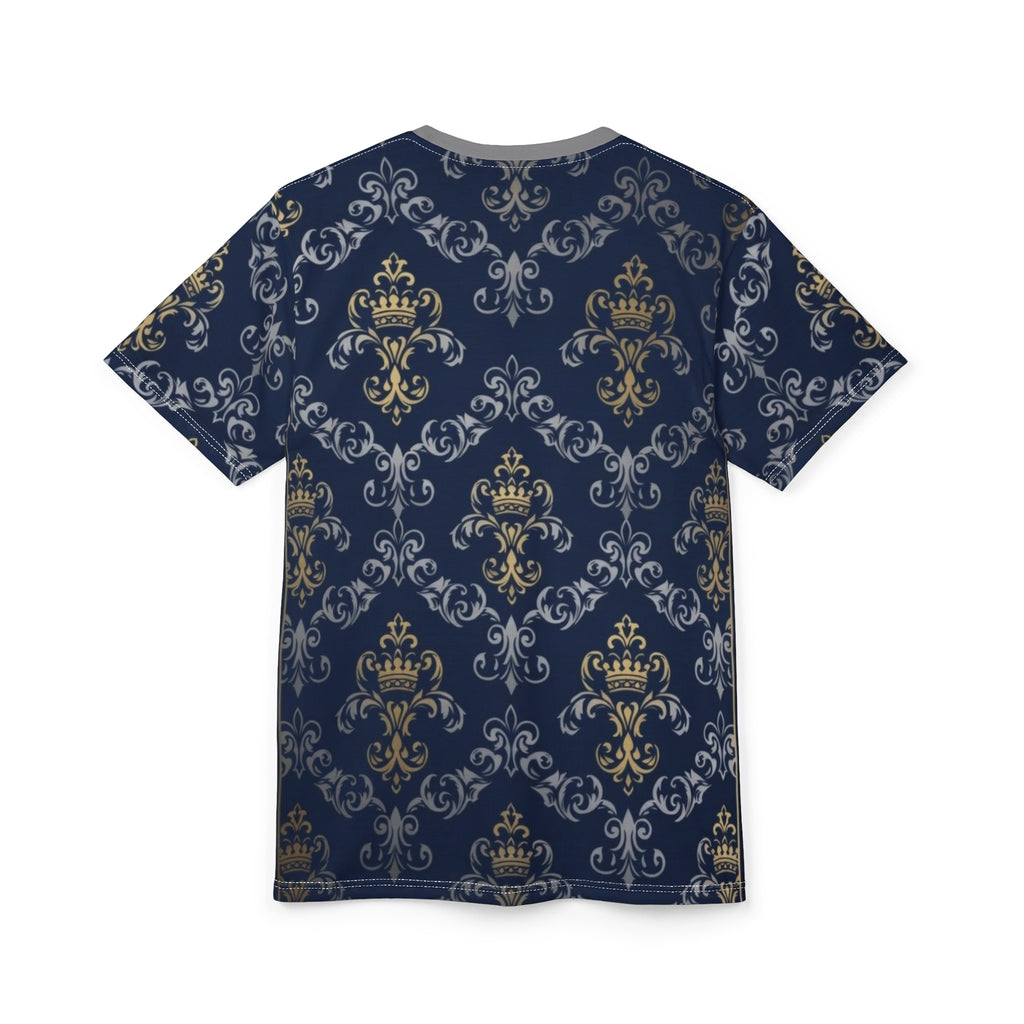 Royal Crest Pattern Tee — Navy Gold Damask All-Over Print T-Shirt