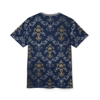 Royal Crest Pattern Tee — Navy Gold Damask All-Over Print T-Shirt