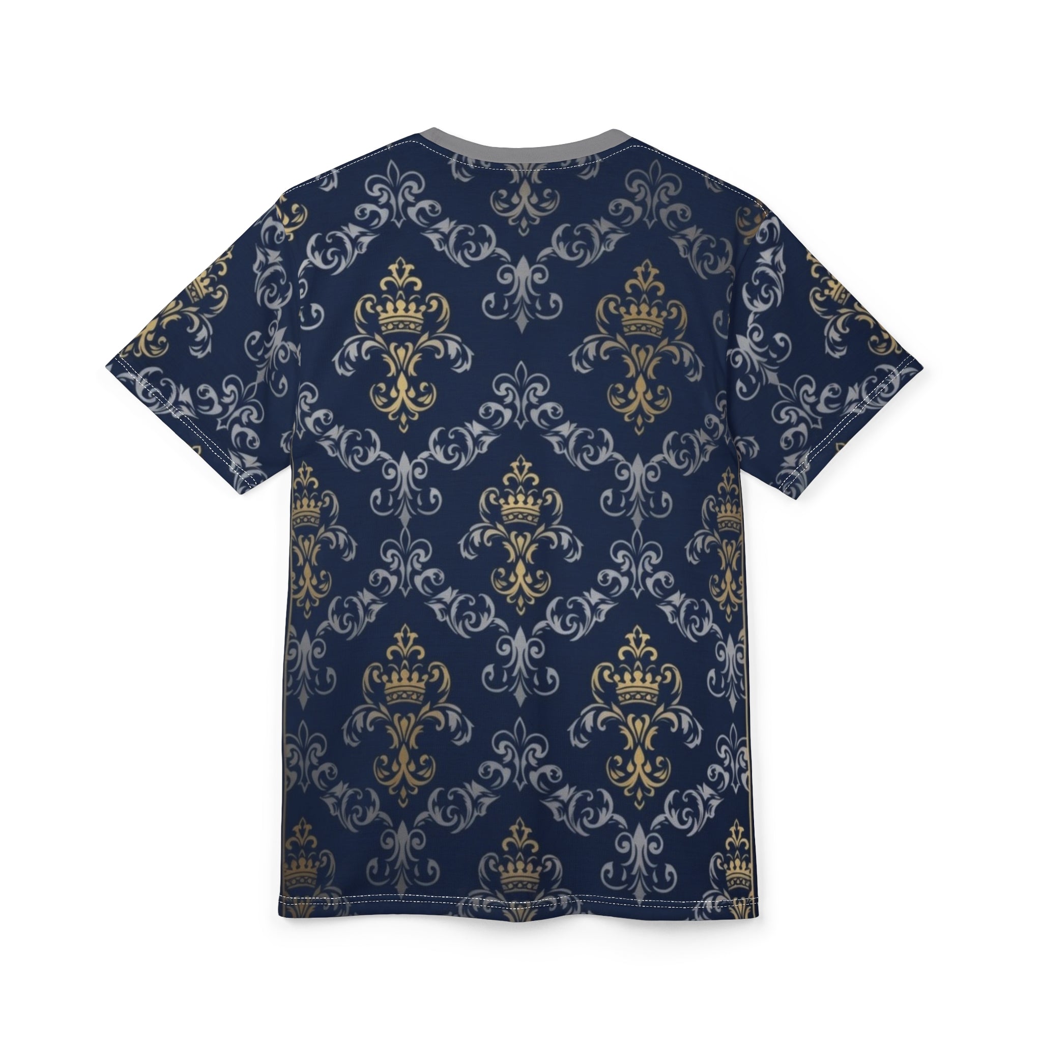 Royal Crest Pattern Tee — Navy Gold Damask All-Over Print T-Shirt