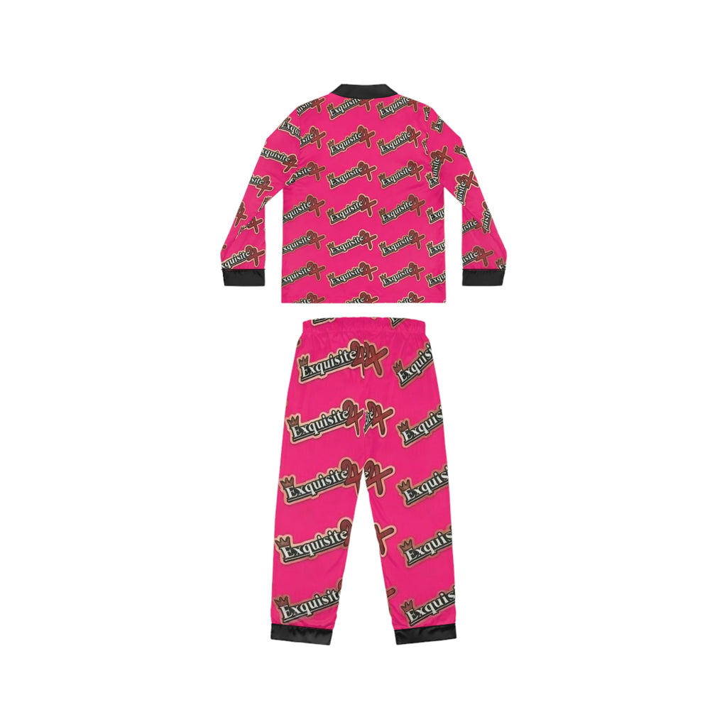 Hot Pink Satin Pajama Set – All-Over ‘ Exquisite 24’ Script Lounge Sleepwear