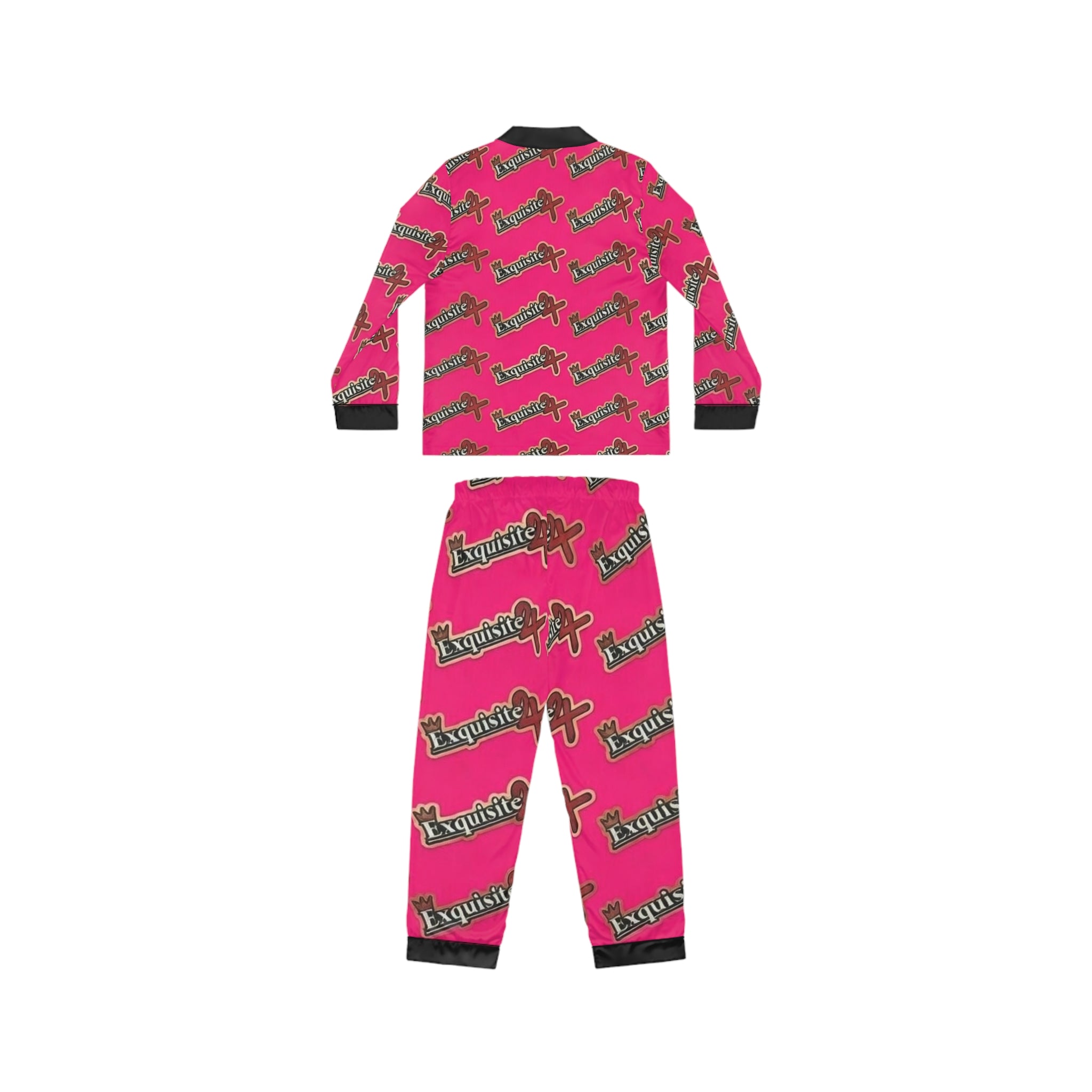 Hot Pink Satin Pajama Set – All-Over ‘ Exquisite 24’ Script Lounge Sleepwear