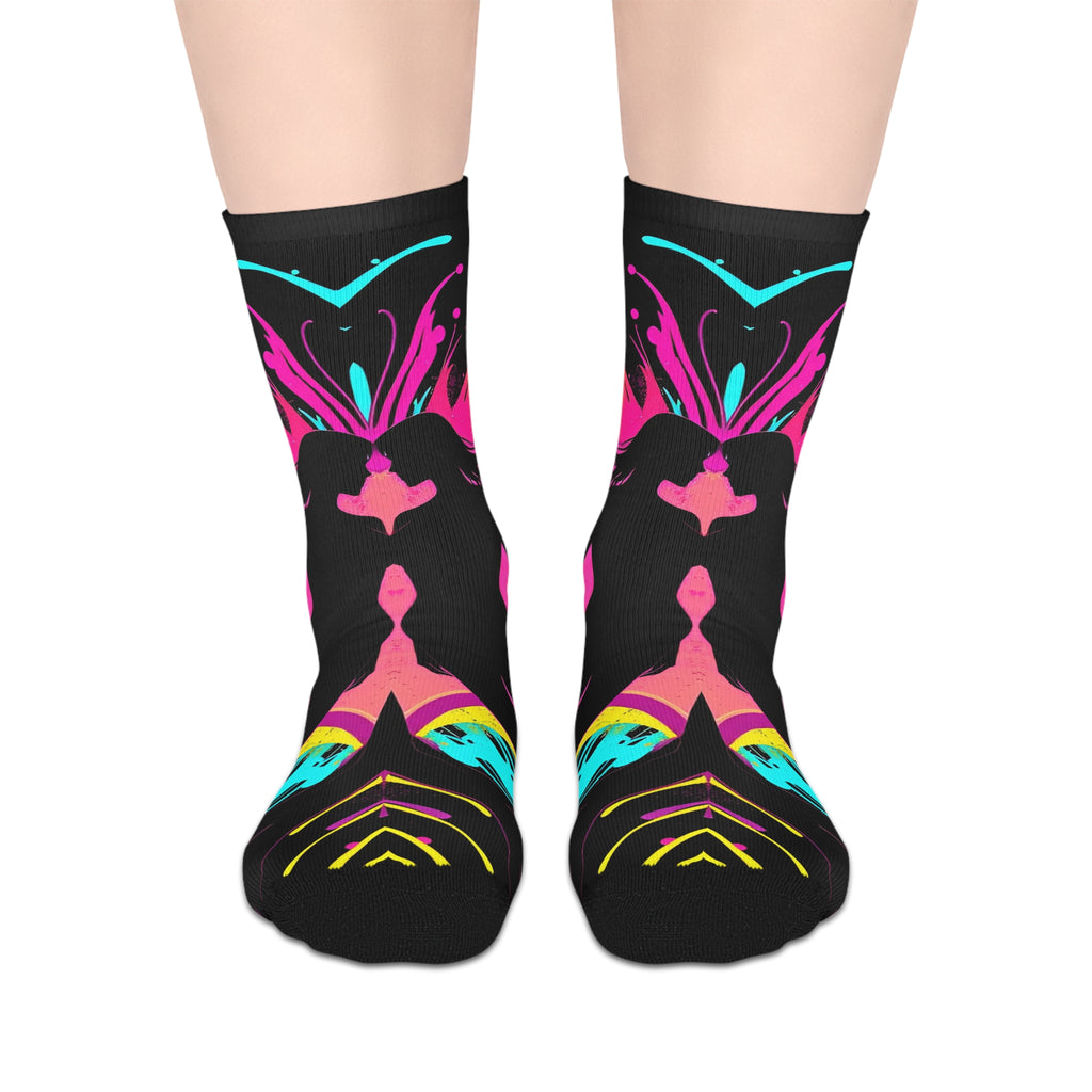 Neon Butterfly Silhouette Mid-Calf Socks — Vibrant Pink & Teal Psychedelic Pattern