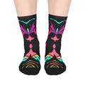 Neon Butterfly Silhouette Mid-Calf Socks — Vibrant Pink & Teal Psychedelic Pattern
