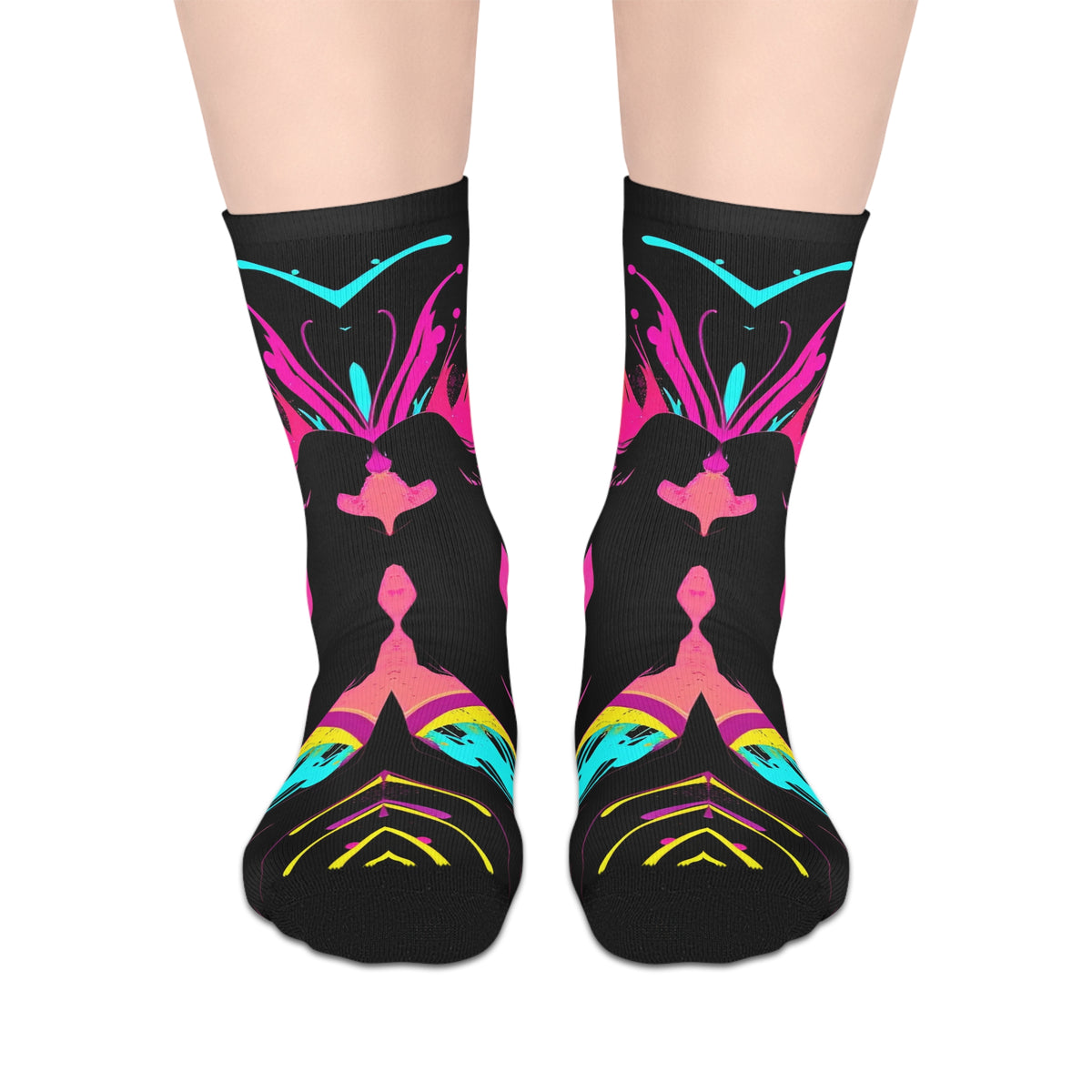 Neon Butterfly Silhouette Mid-Calf Socks