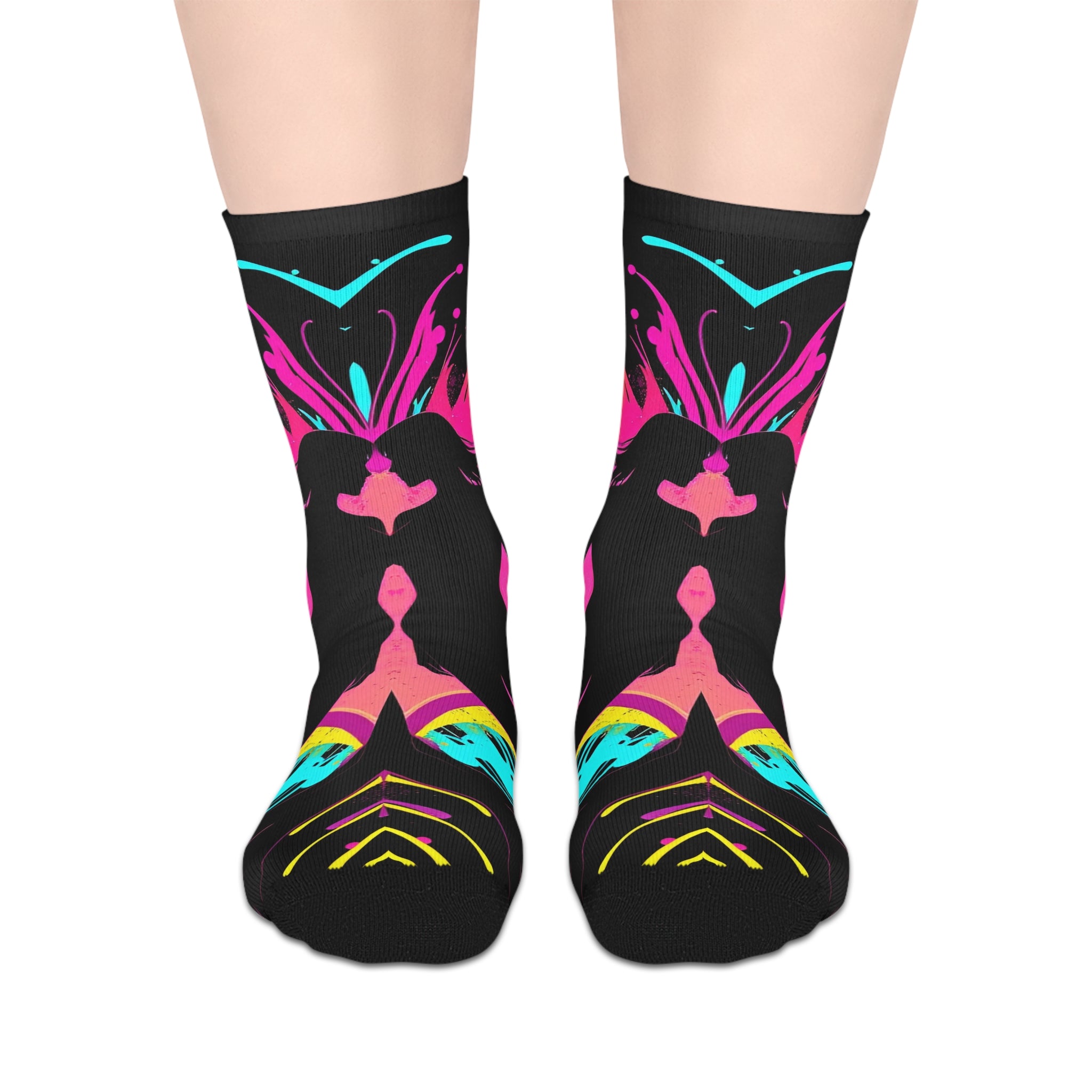 Neon Butterfly Silhouette Mid-Calf Socks — Vibrant Pink & Teal Psychedelic Pattern