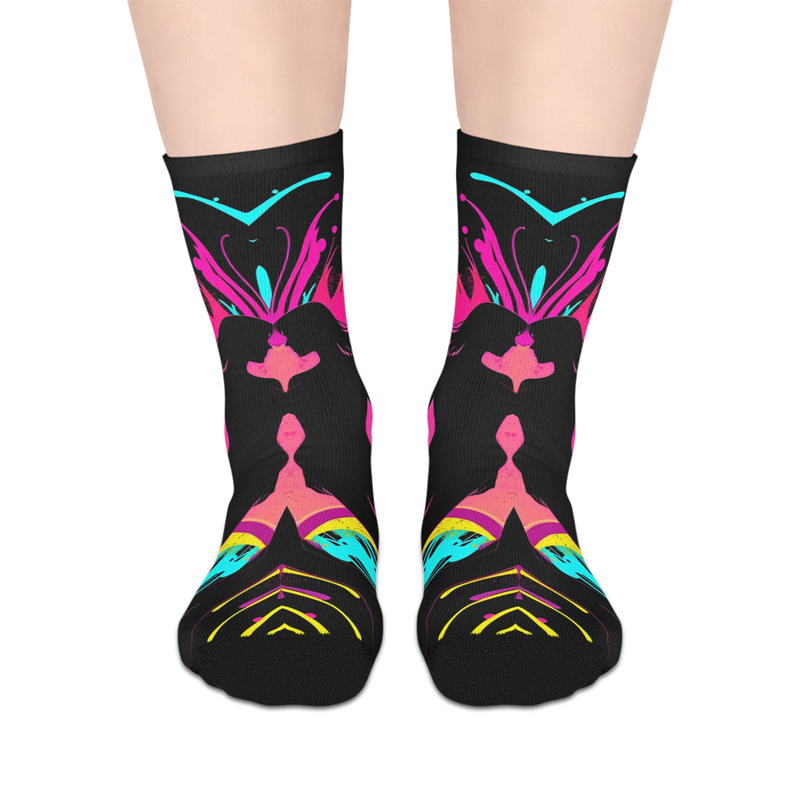 Neon Butterfly Silhouette Mid-Calf Socks