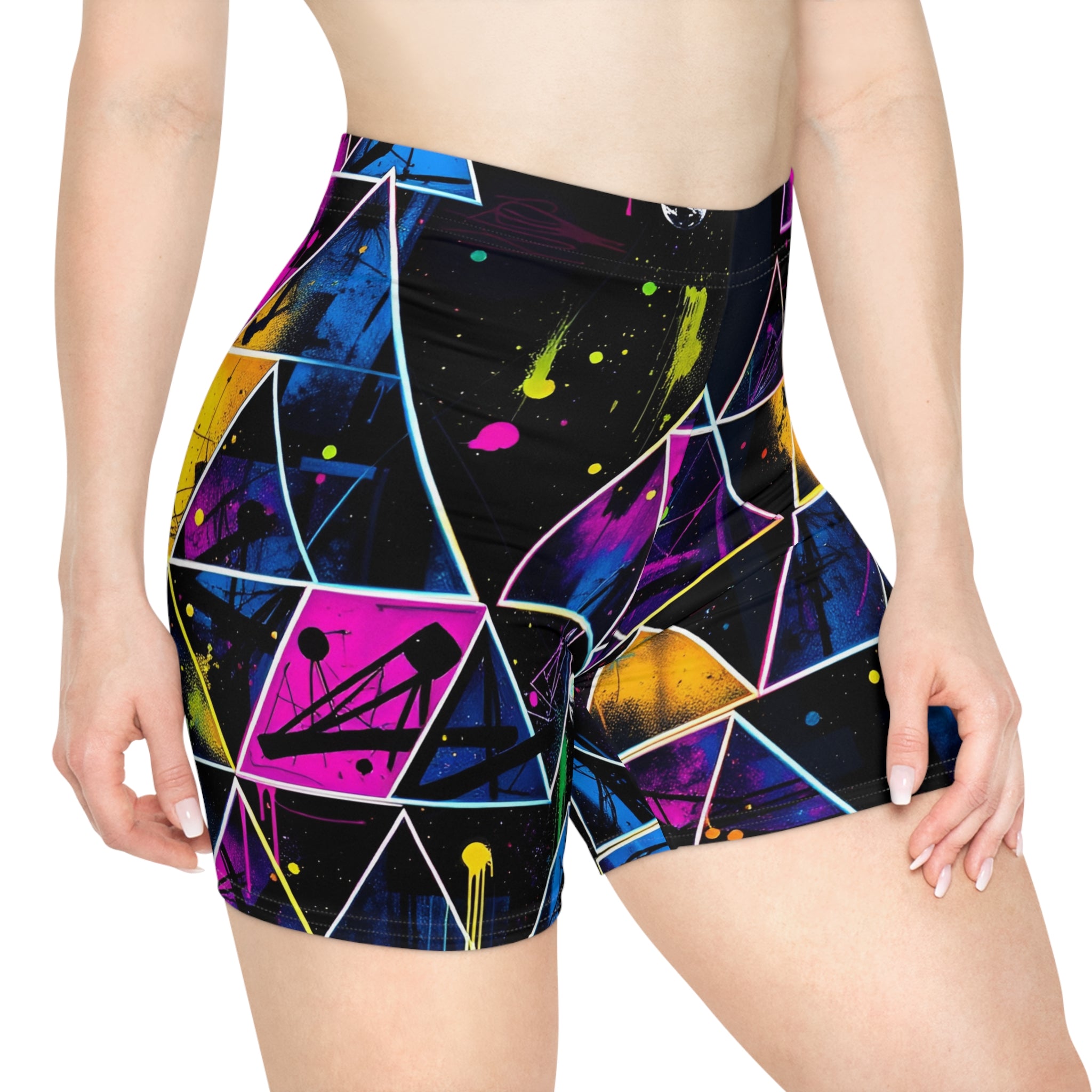 Neon Geometric Biker Shorts — Women's Abstract Triangle Print