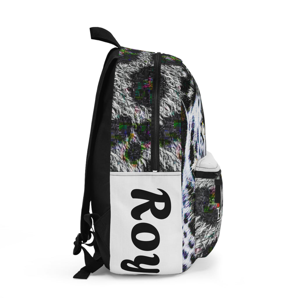 Snow Leopard Print Backpack with 'Exquisite 24' Logo & Personalized Side Name