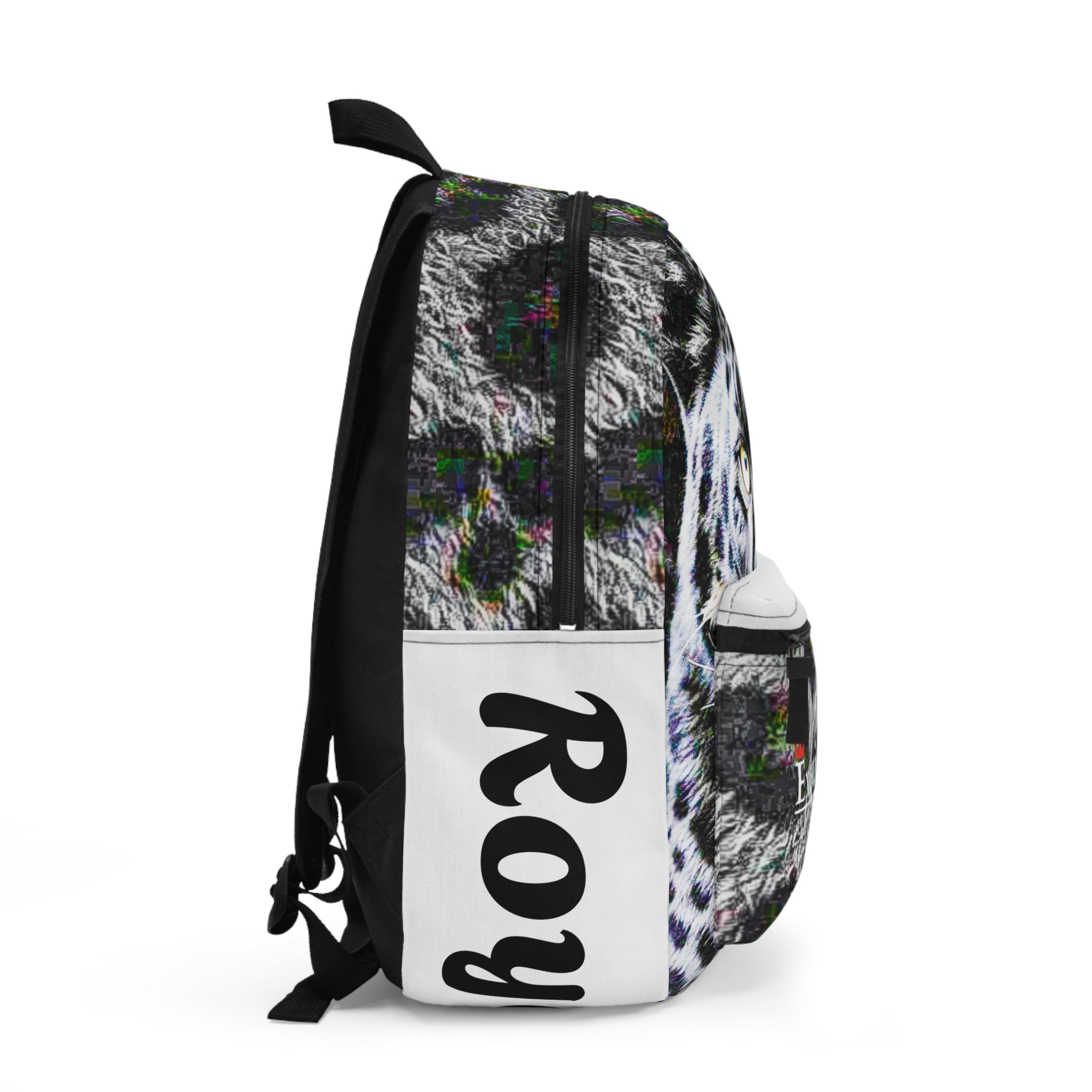 Snow Leopard Print Backpack with 'Exquisite 24' Logo & Personalized Side Name