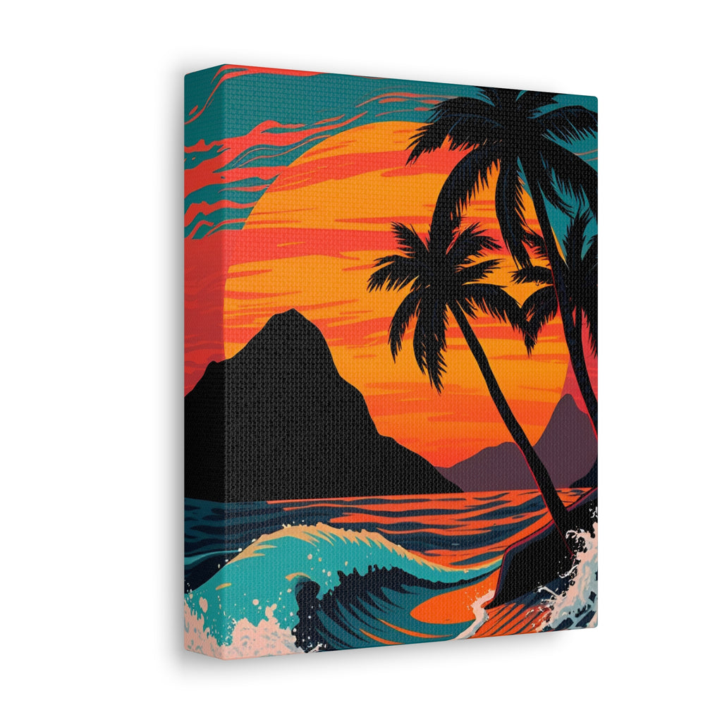 Tropical Sunset Canvas Wall Art — Palm Trees and Ocean Waves Stretched Canvas