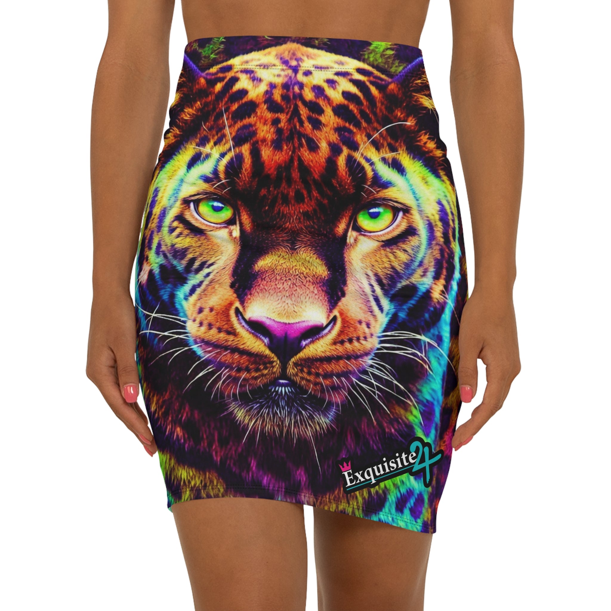 Leopard Gaze Midi Pencil Skirt — Neon Rainbow Animal Print