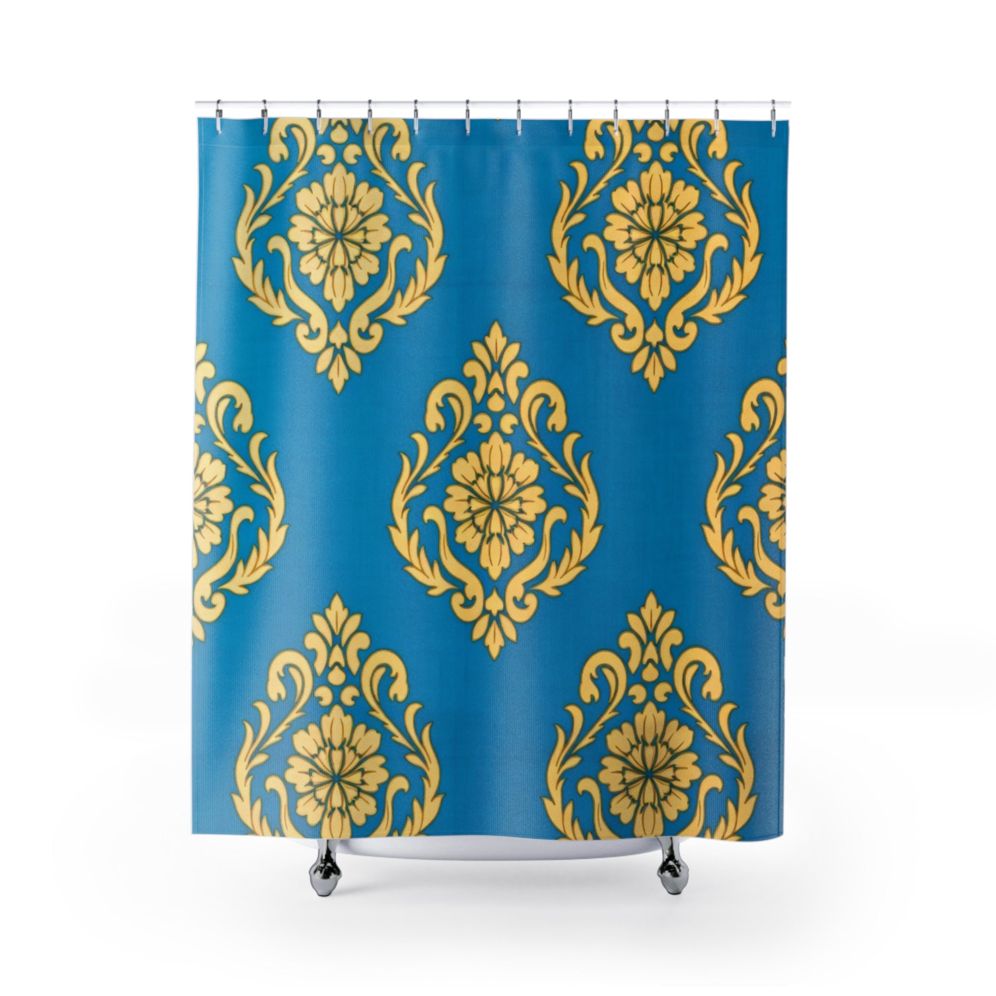 Damask Gold Floral Shower Curtain - Teal Blue Bathroom Decor