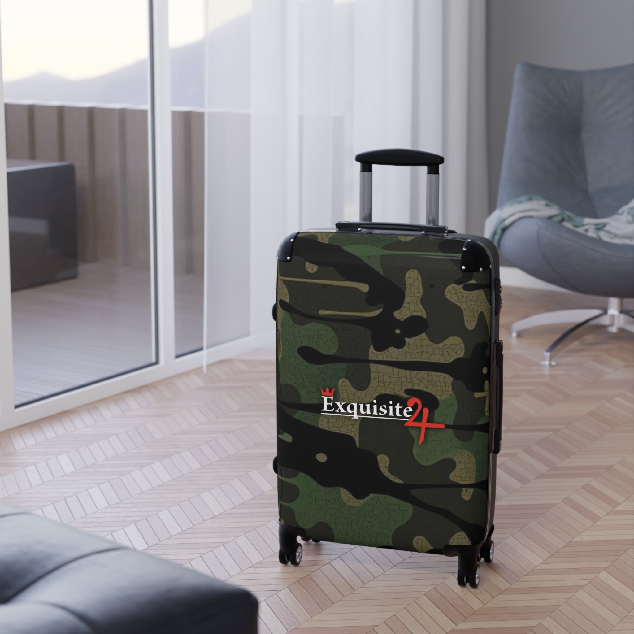 Camo Carry-On Suitcase with "Exquisite 24" Logo – Compact Spinner Luggage