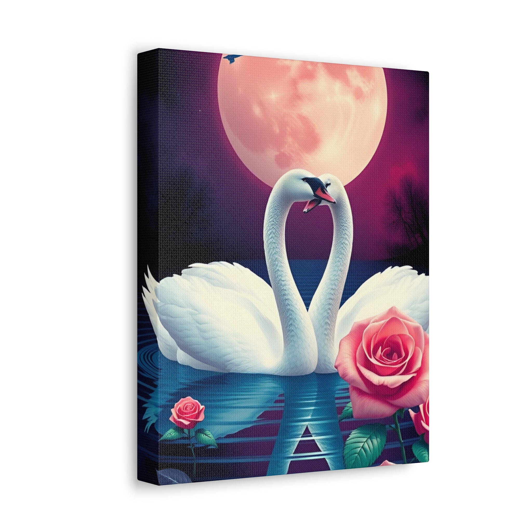 Swan Moon Stretched Canvas – Romantic Rose Lake Wall Art