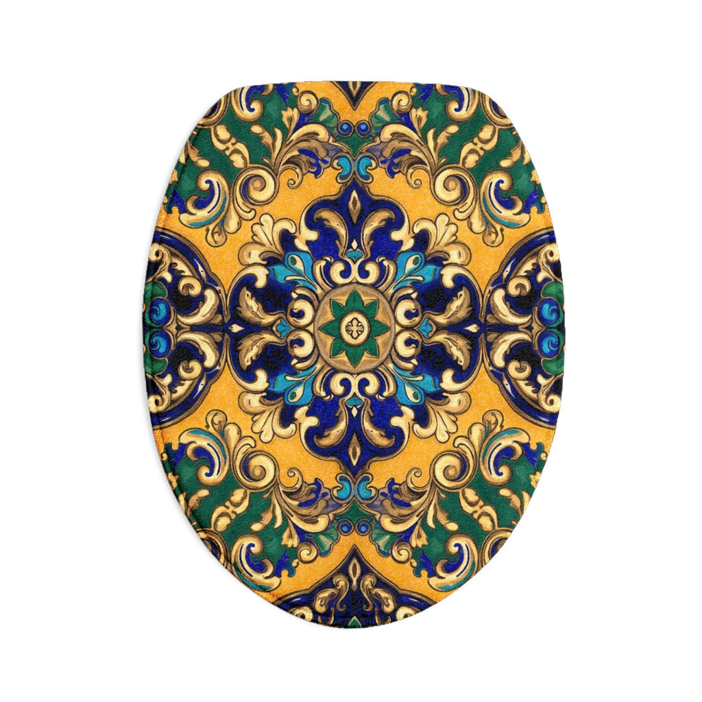 Mediterranean Tile Toilet Seat & Rug Set — 3-Piece Bathroom Decor